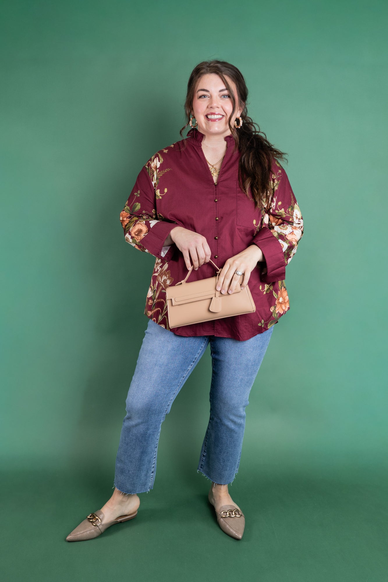 Plus Size Burgundy Floral Button Up