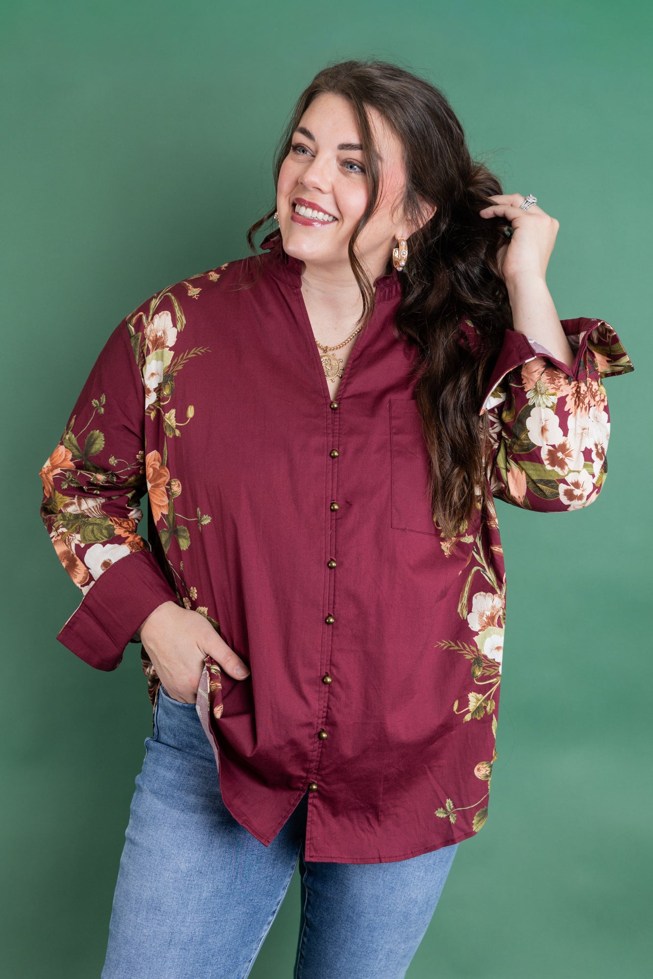 Plus Size Burgundy Floral Button Up