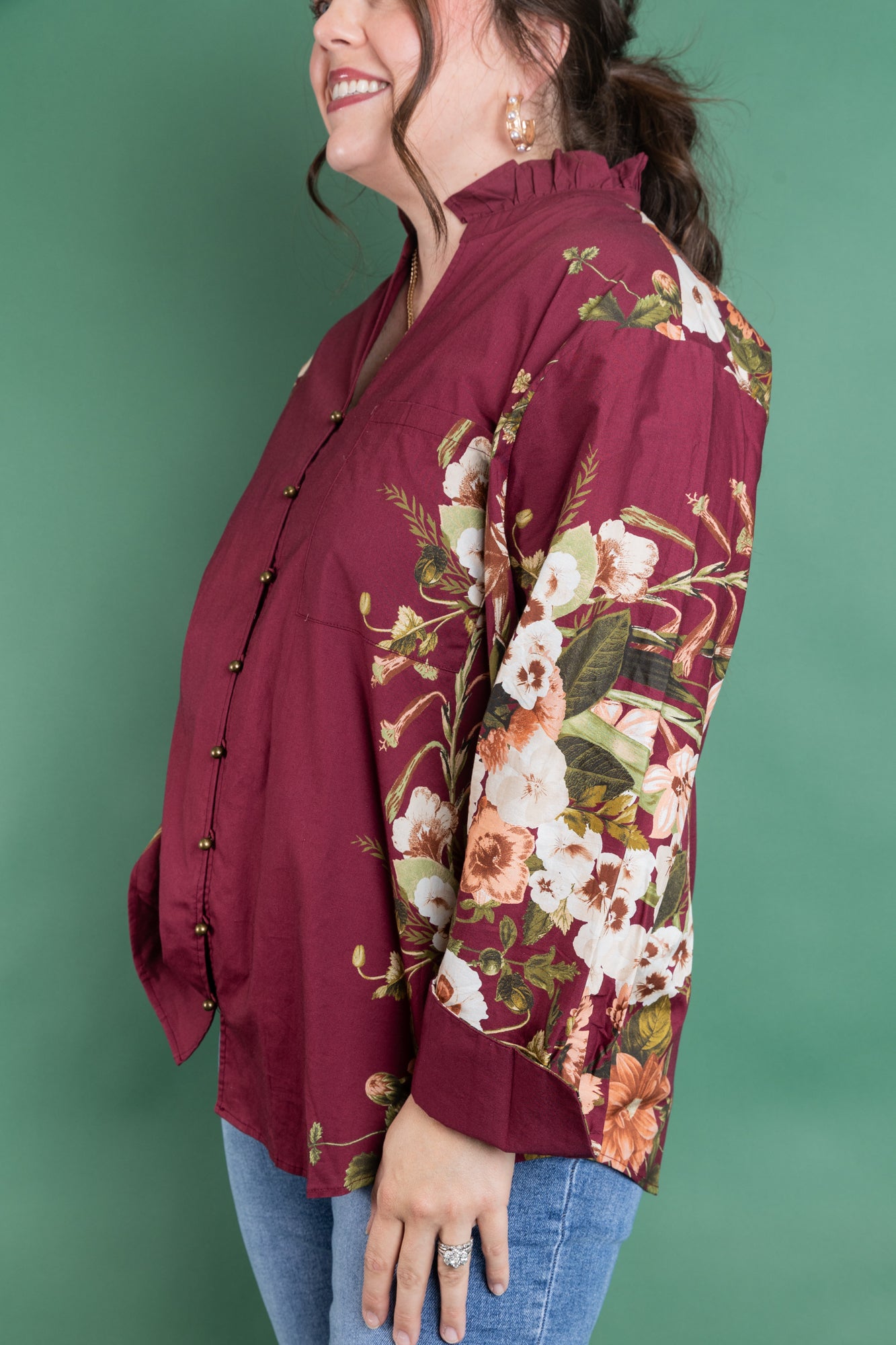 Plus Size Burgundy Floral Button Up