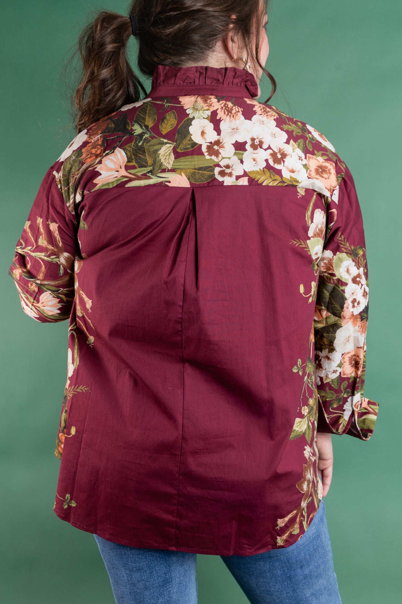 Plus Size Burgundy Floral Button Up