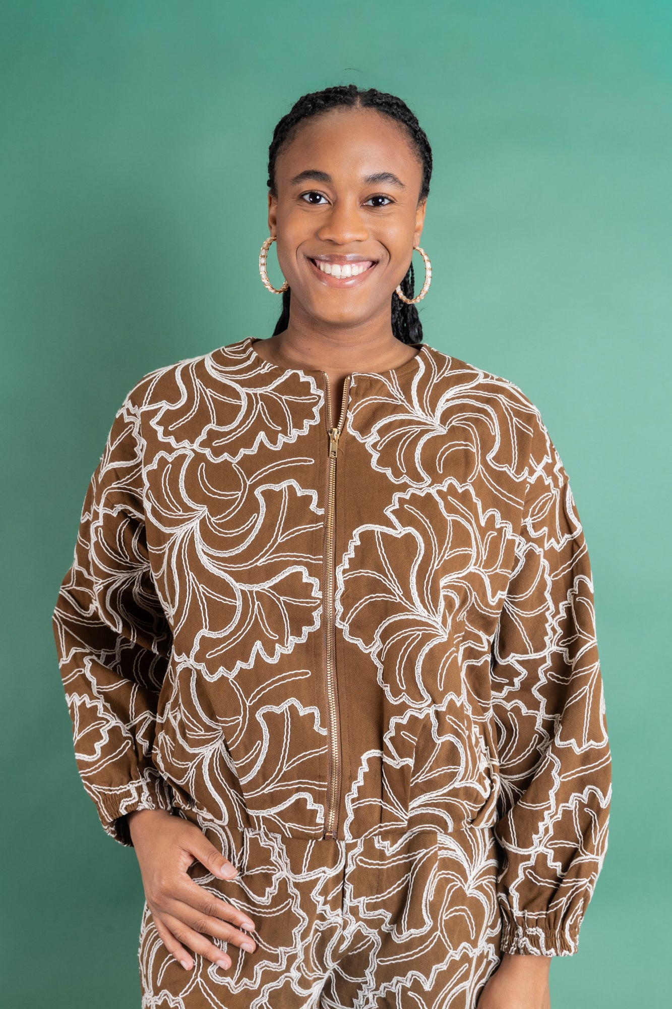 Ivory Embroidered Zip Up