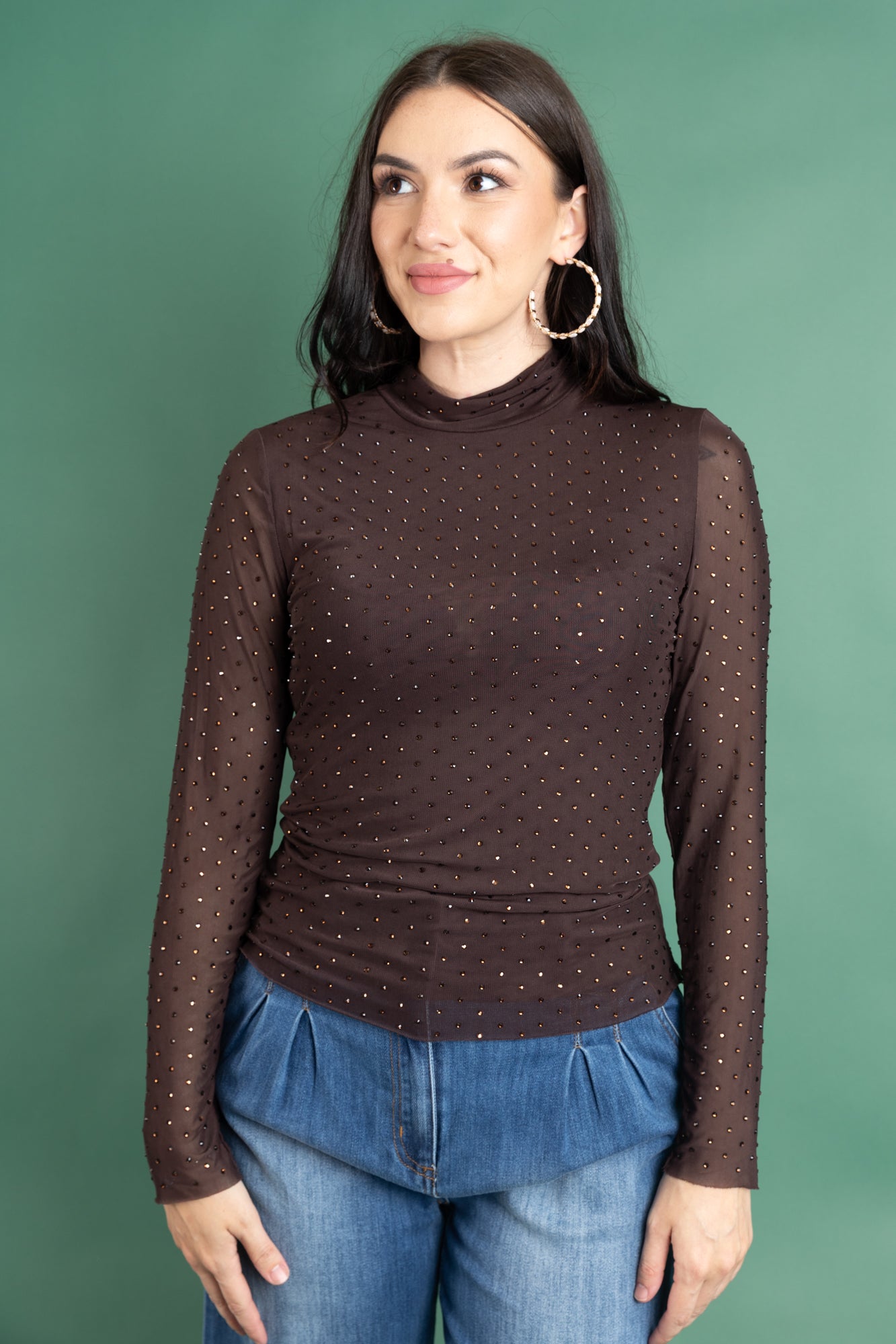 Embellished Mesh Mock Neck