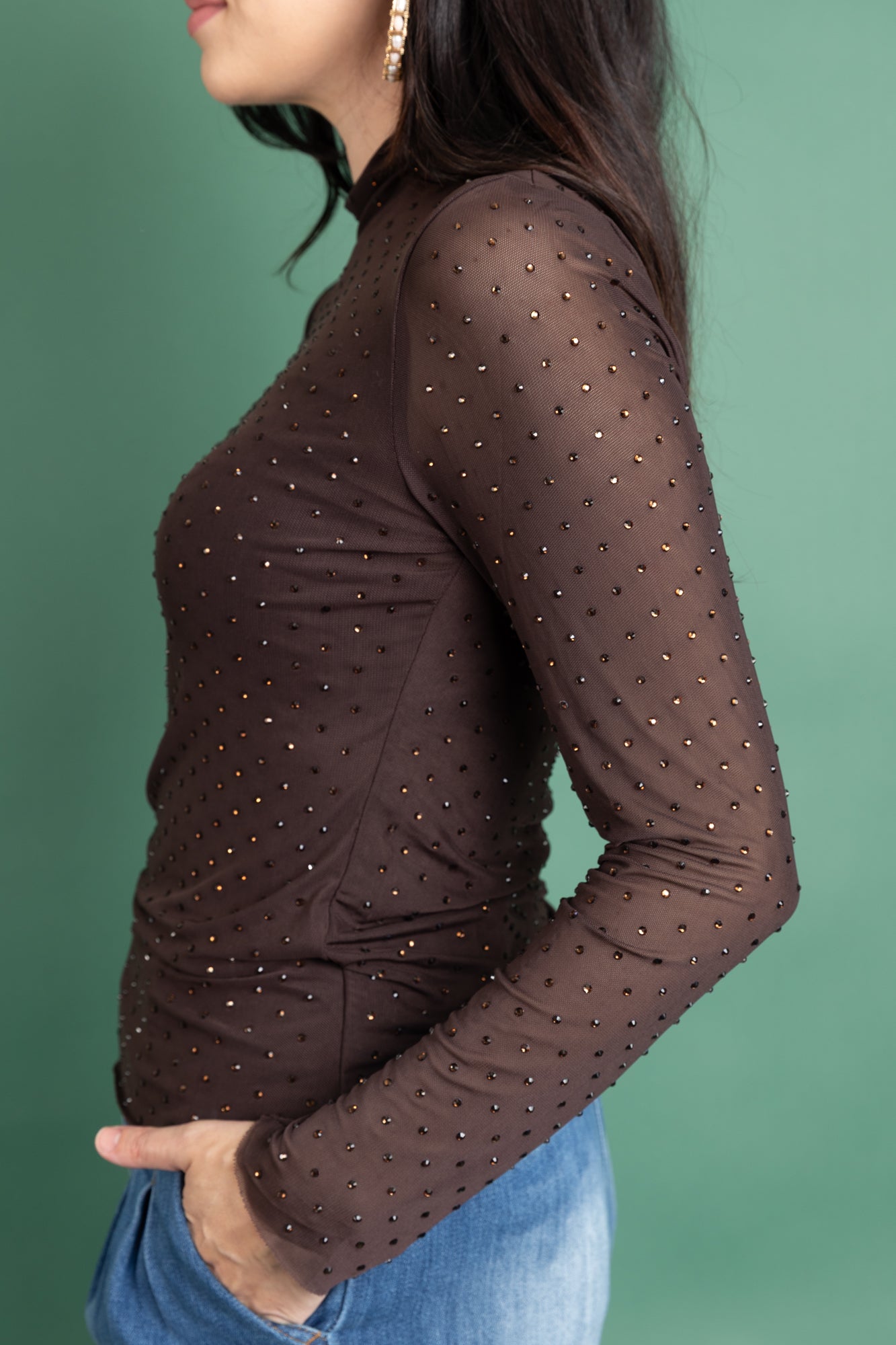 Embellished Mesh Mock Neck