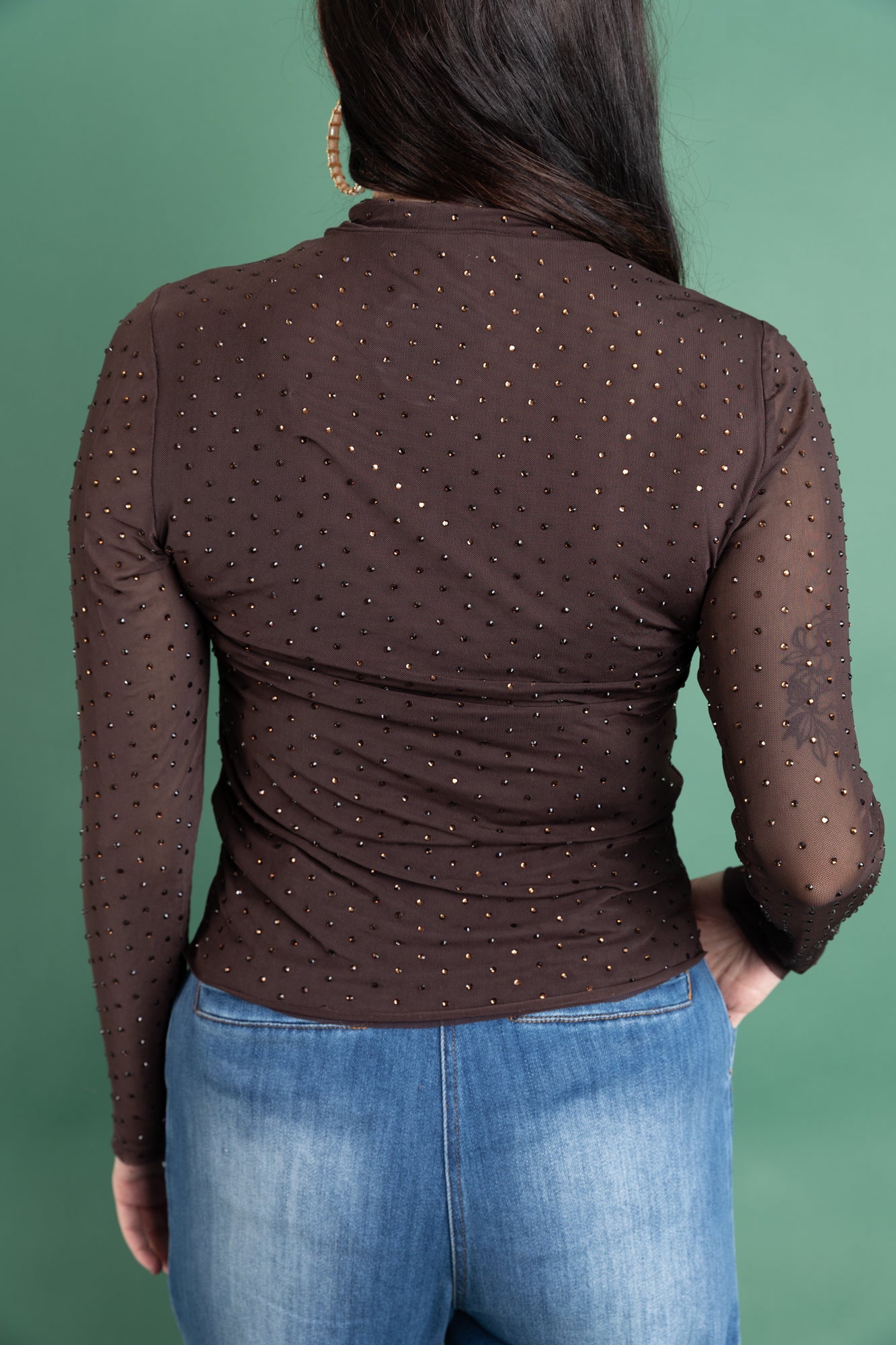 Embellished Mesh Mock Neck