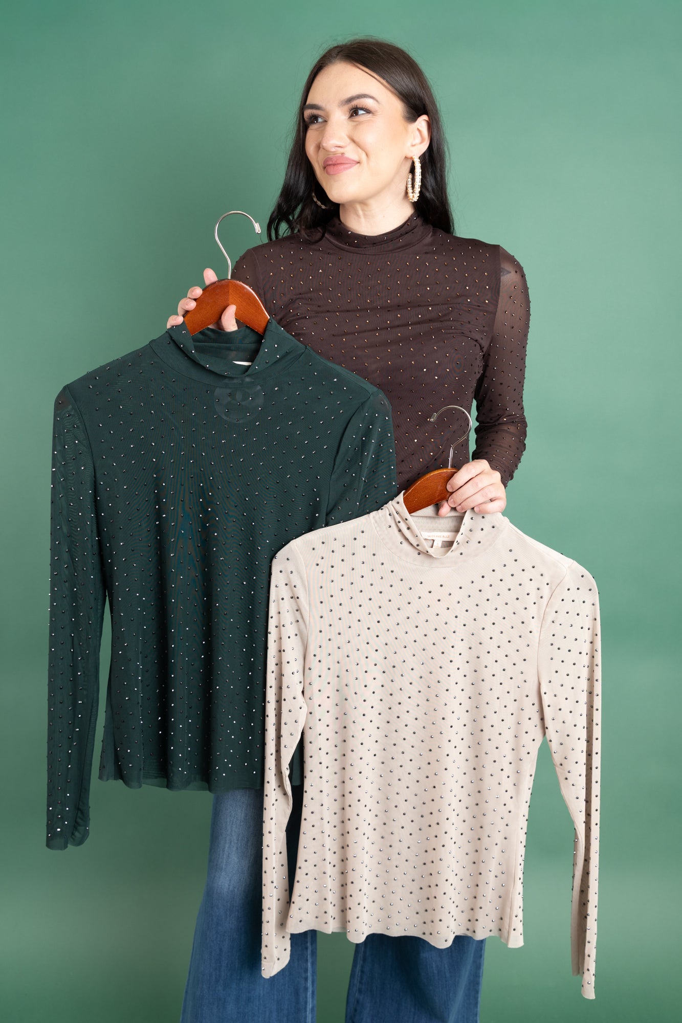 Embellished Mesh Mock Neck