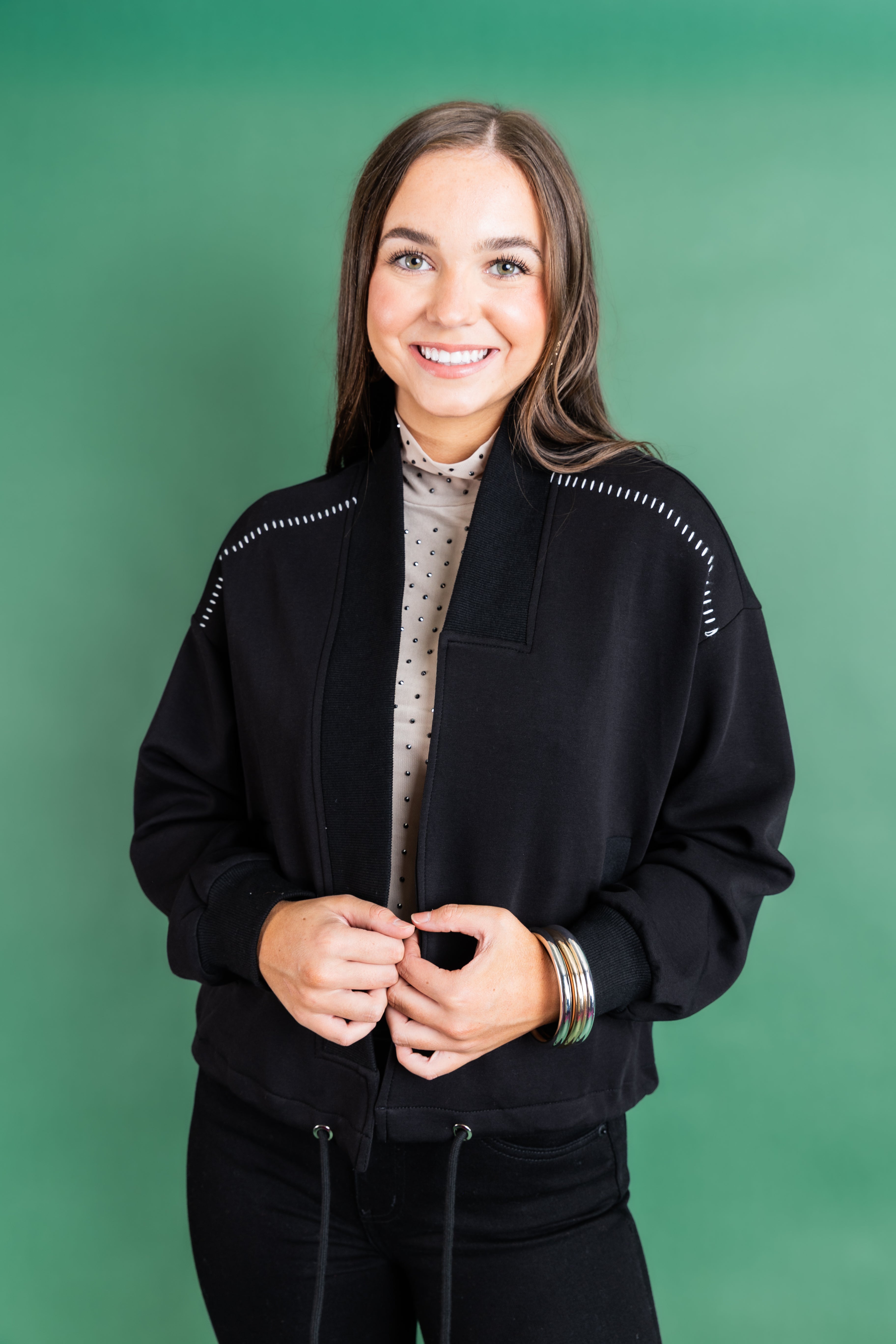 Black Cardigan Ivory Stitching