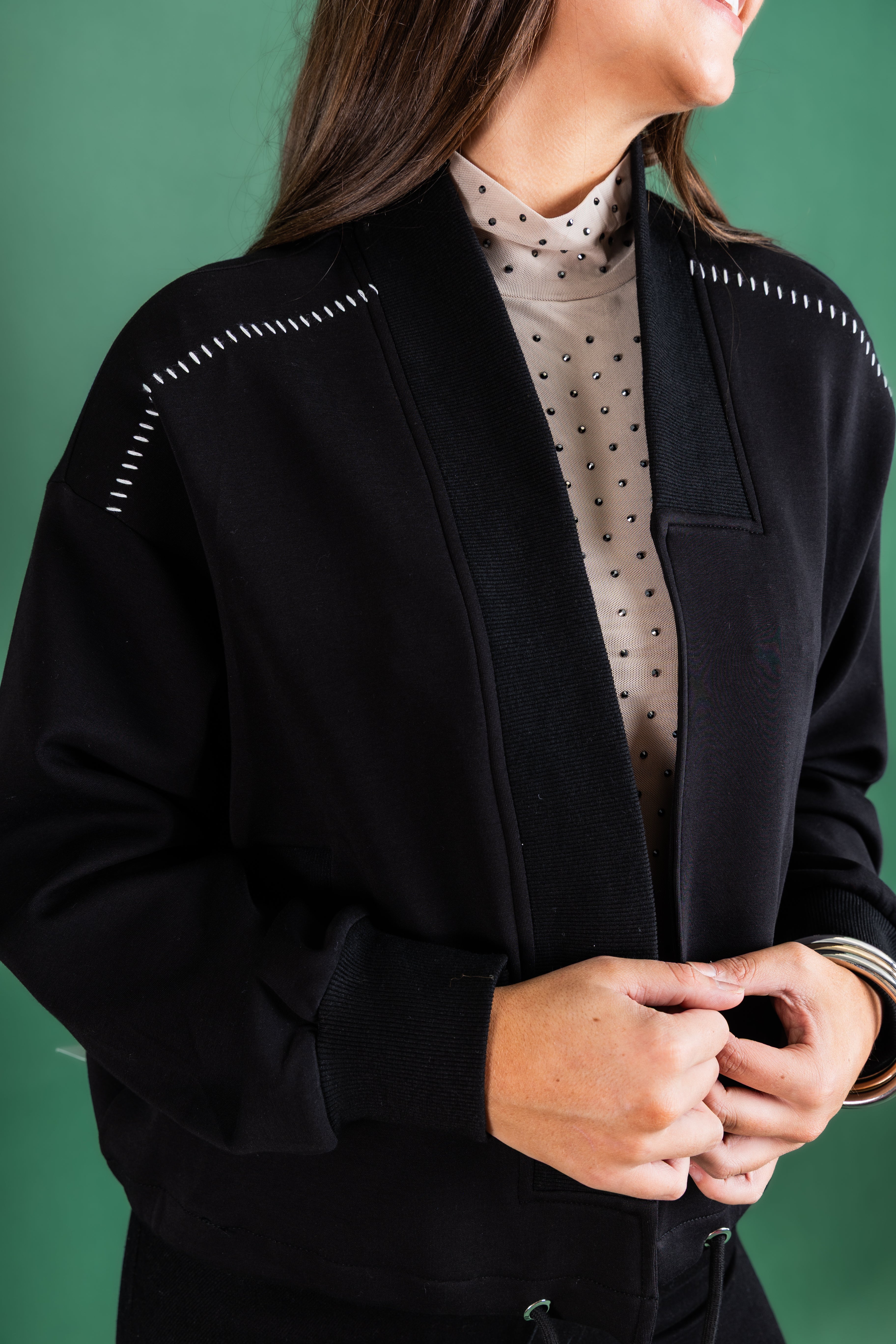 Black Cardigan Ivory Stitching