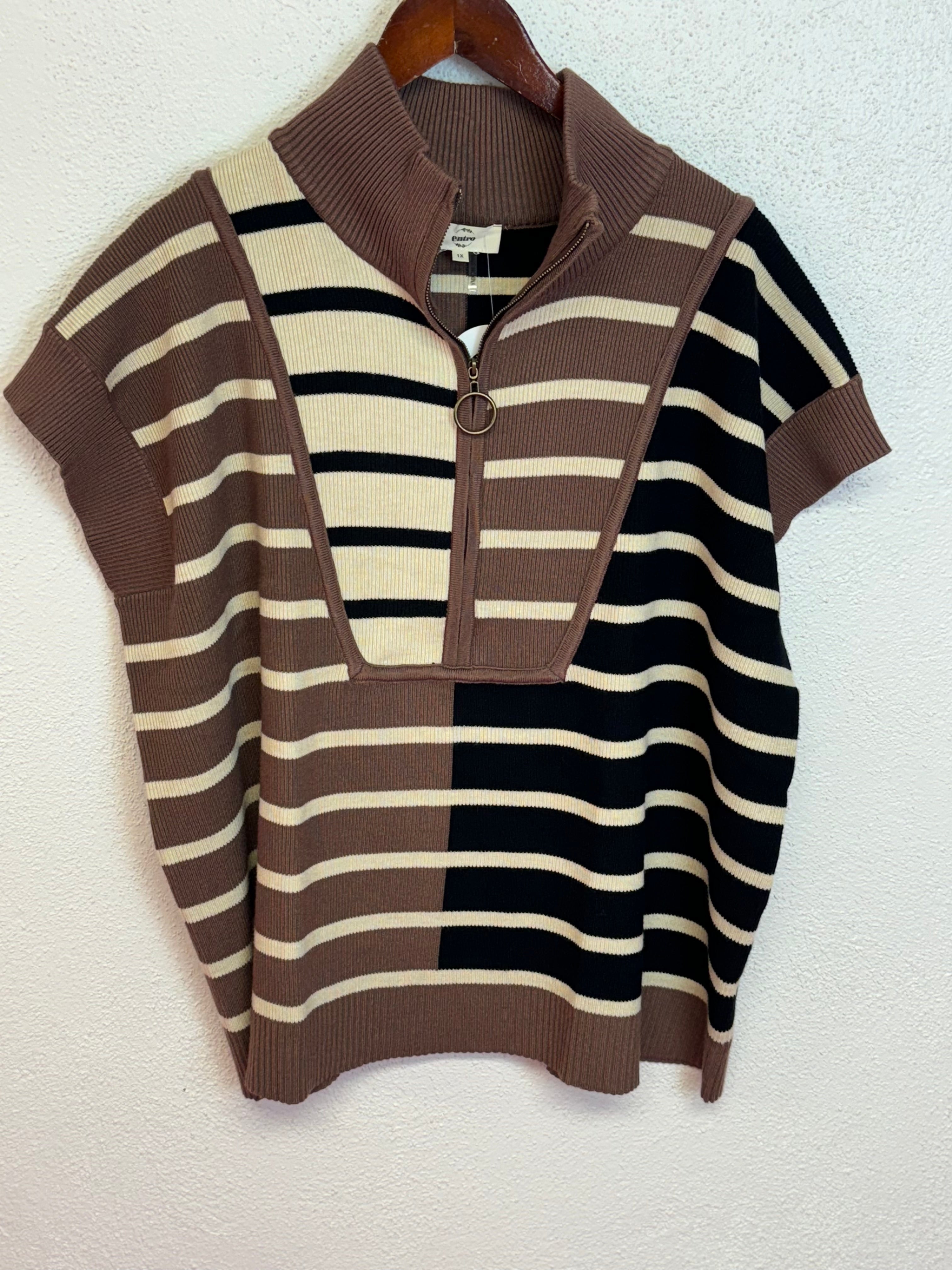 Plus Size Striped Quarter Zip Top