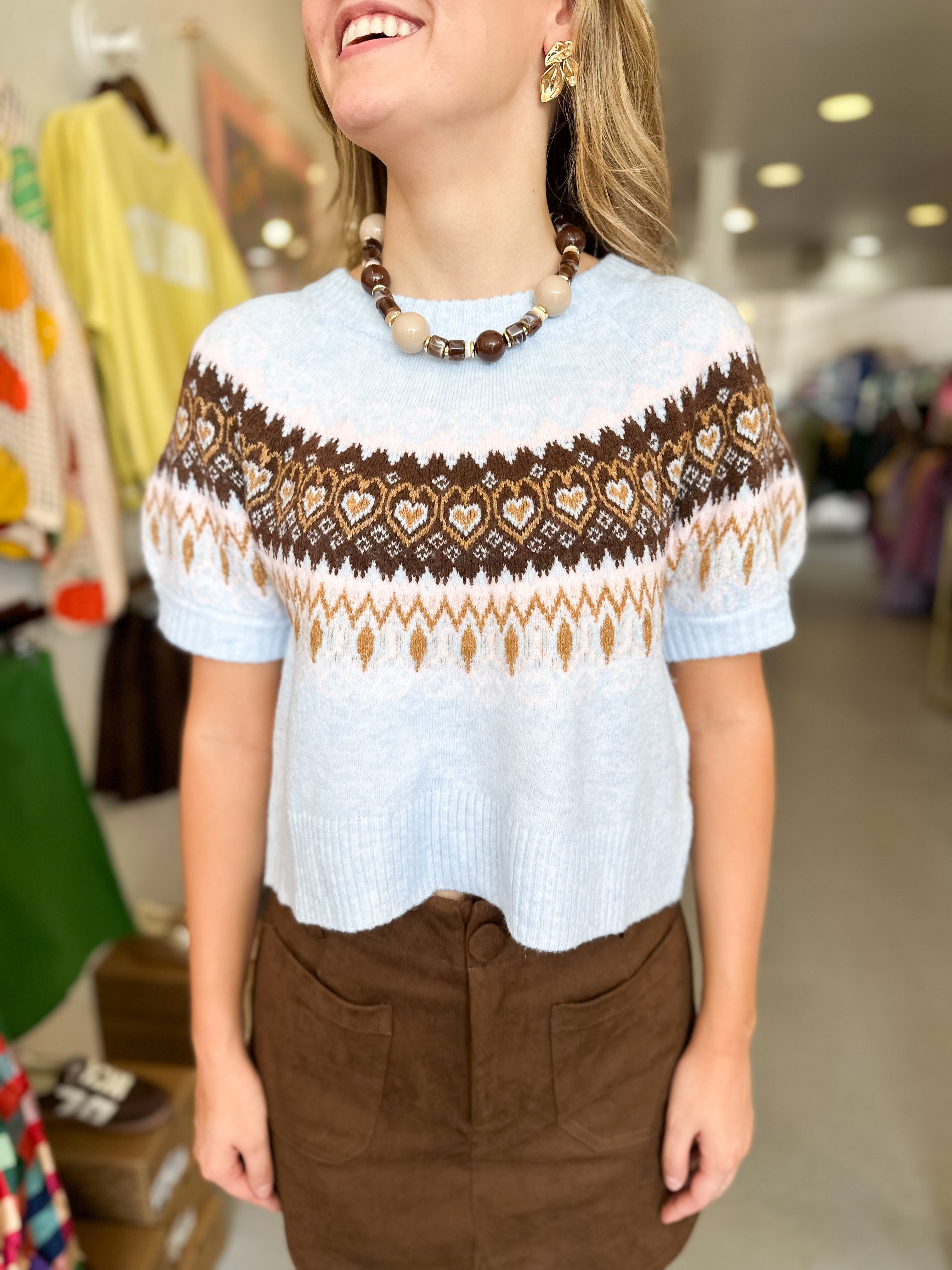 Fair Isle Puff Short Sleeve Sweater