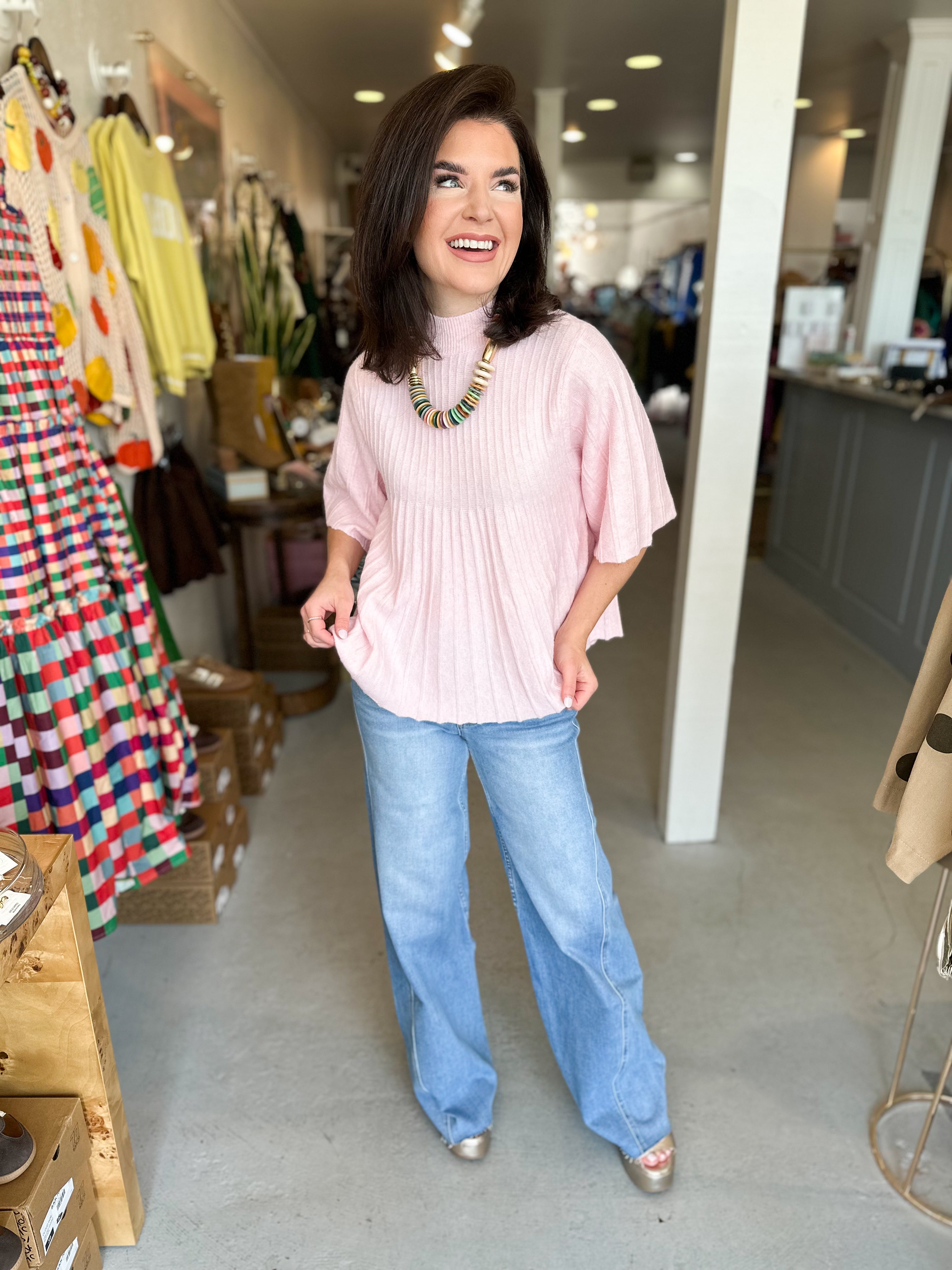 Short Sleeve Mock Neck Swing Sweater