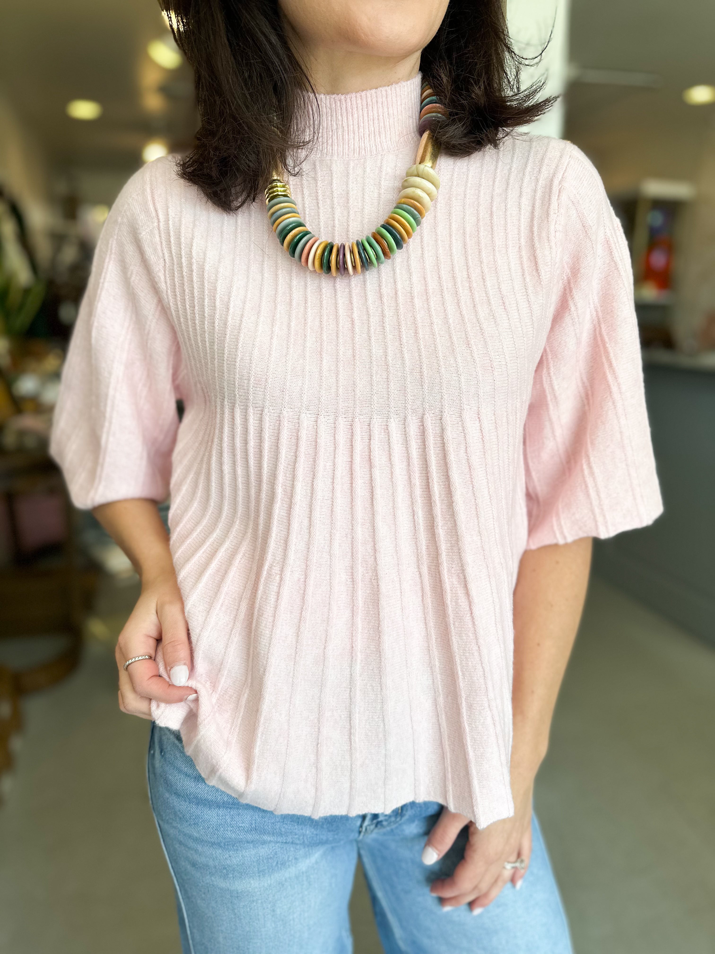 Short Sleeve Mock Neck Swing Sweater