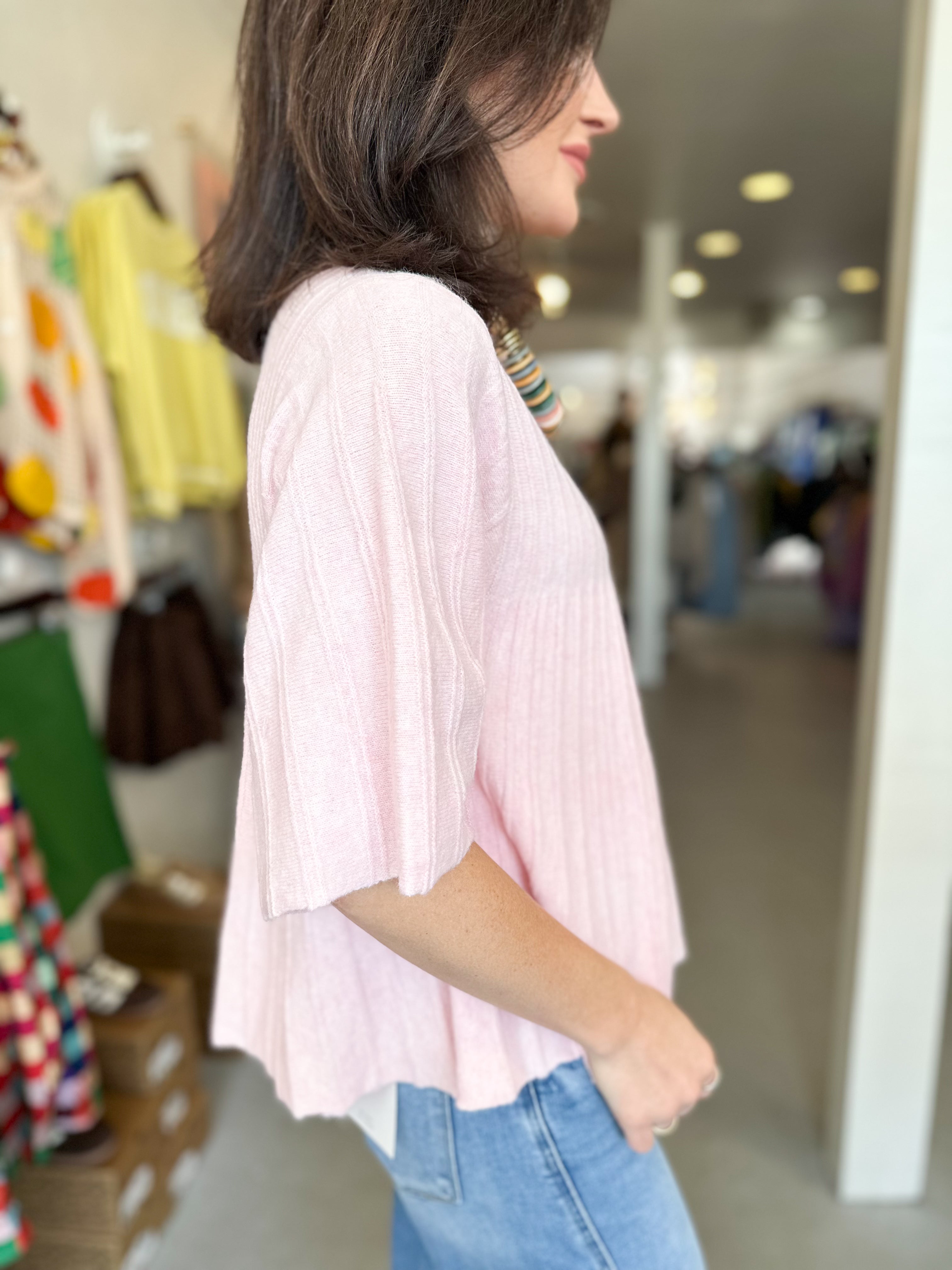 Short Sleeve Mock Neck Swing Sweater