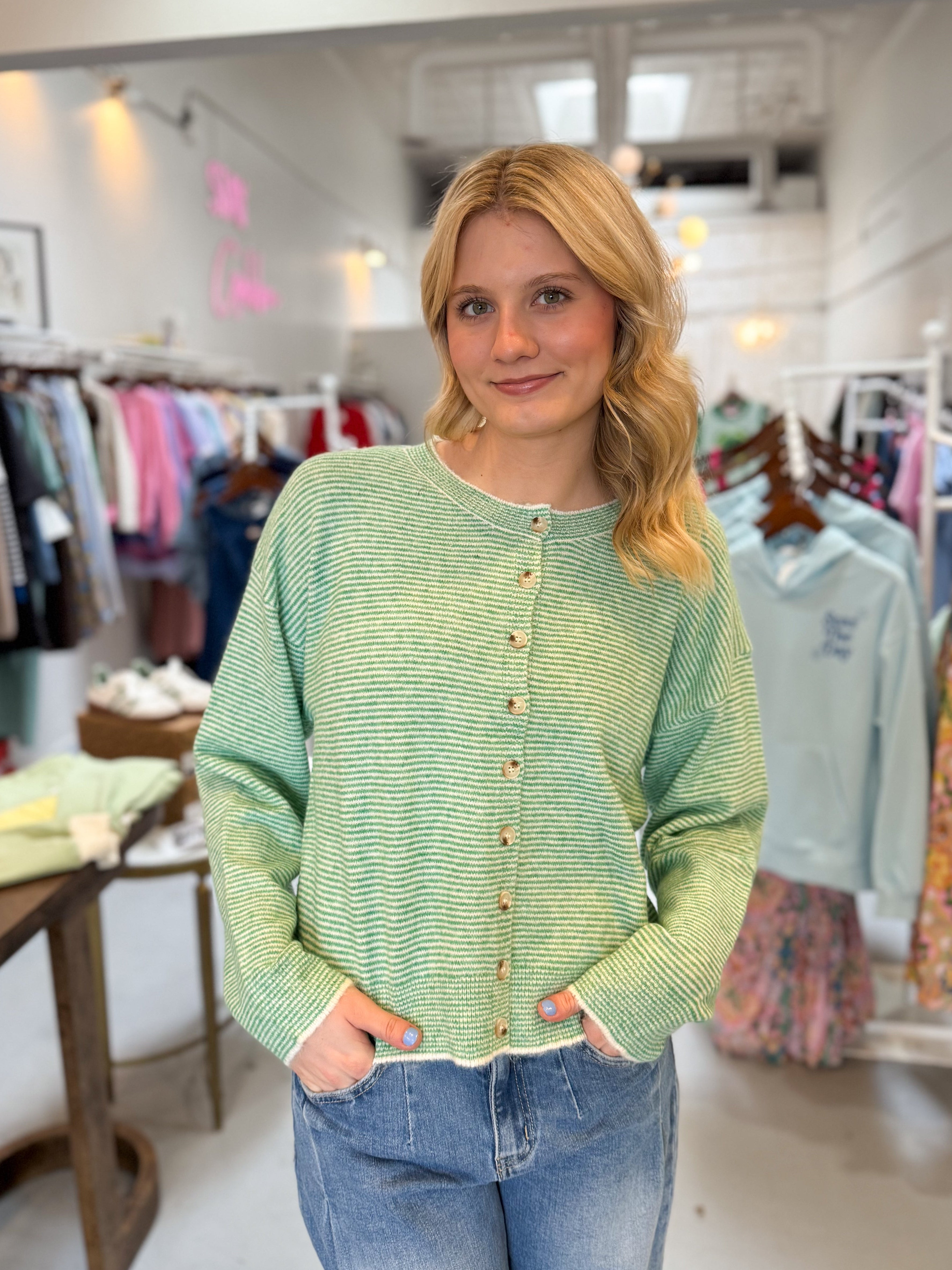 Lucky Stripe Button Front Sweater