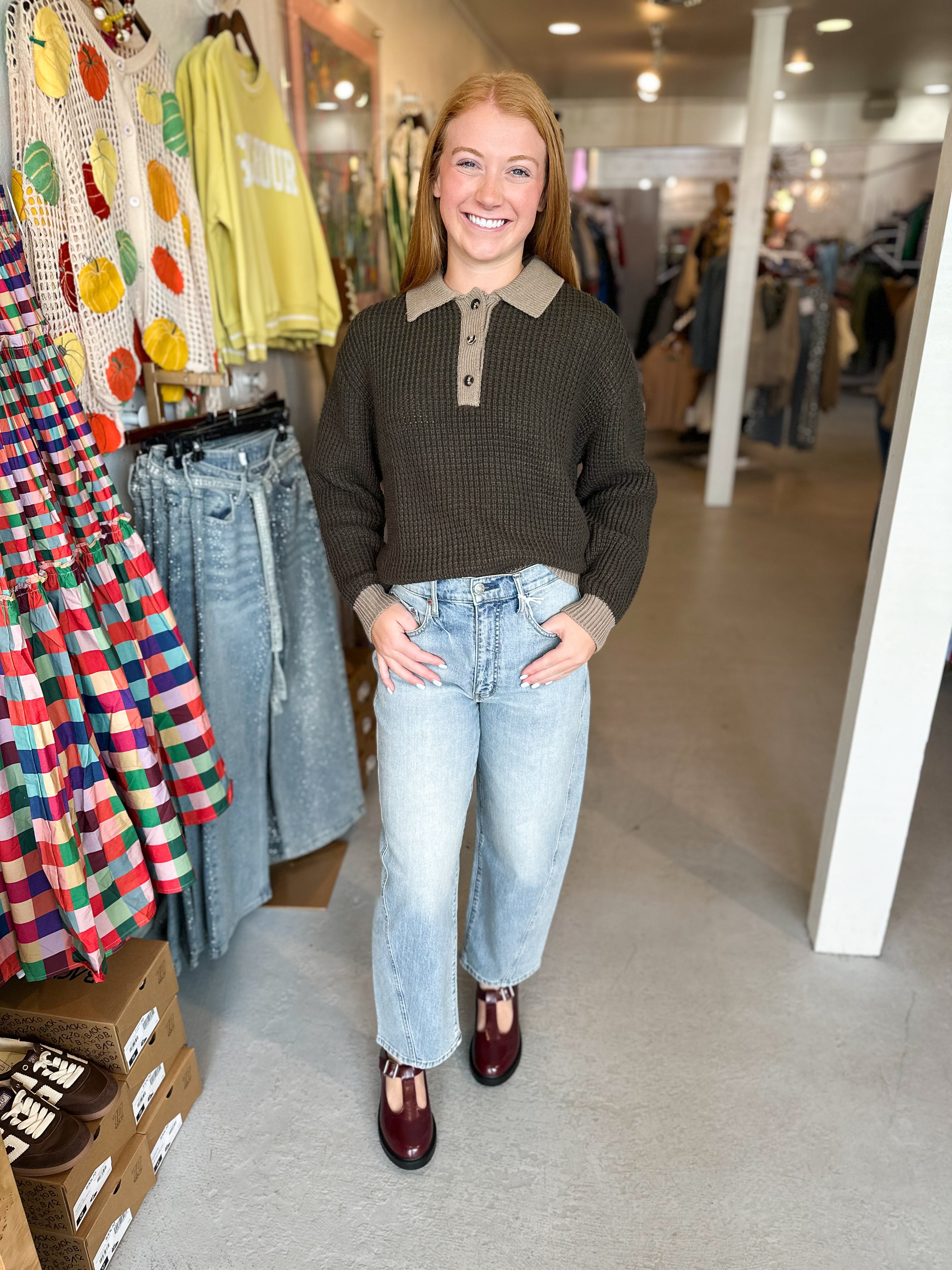 Waffled Collared Sweater Top