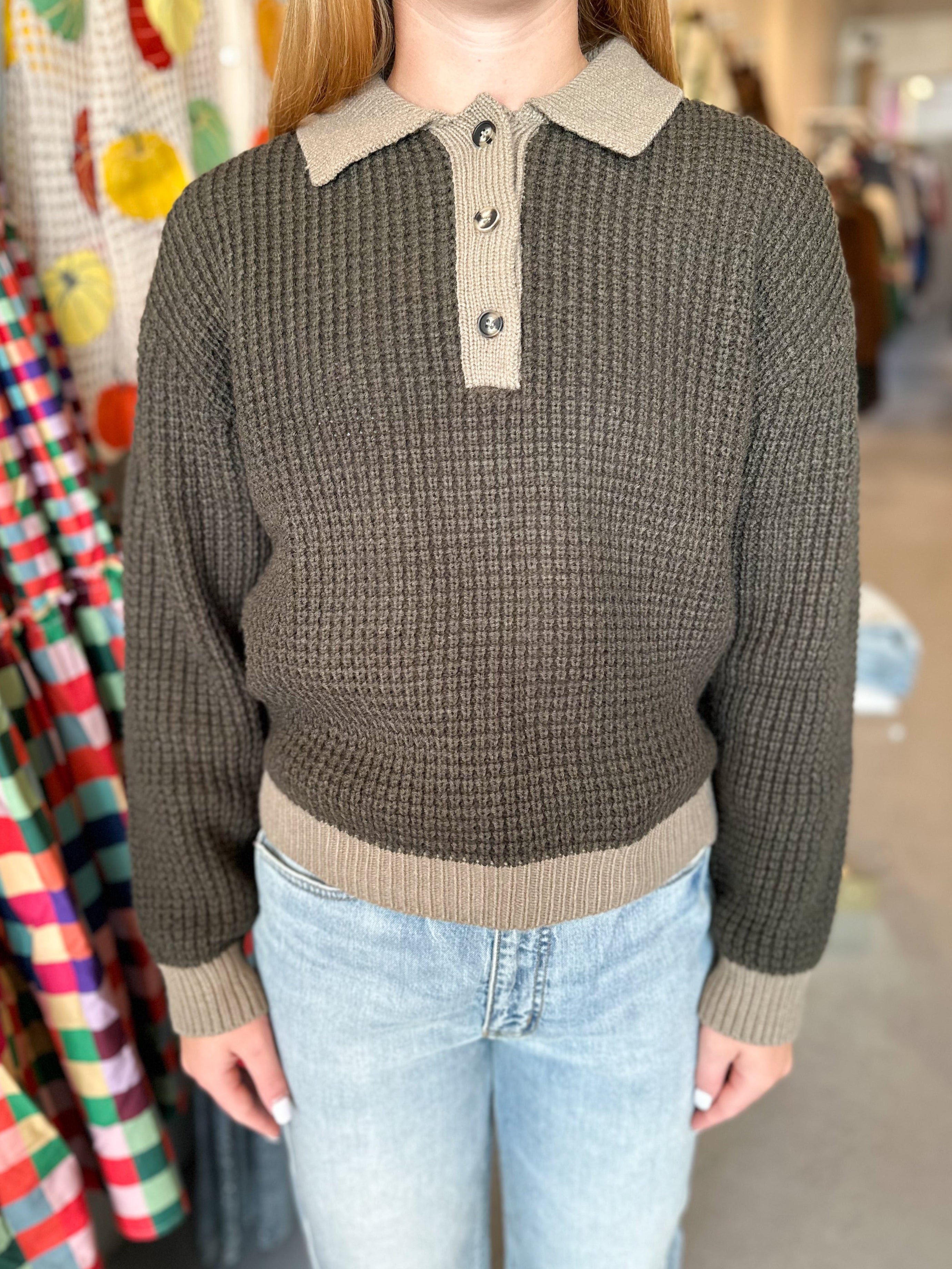 Waffled Collared Sweater Top