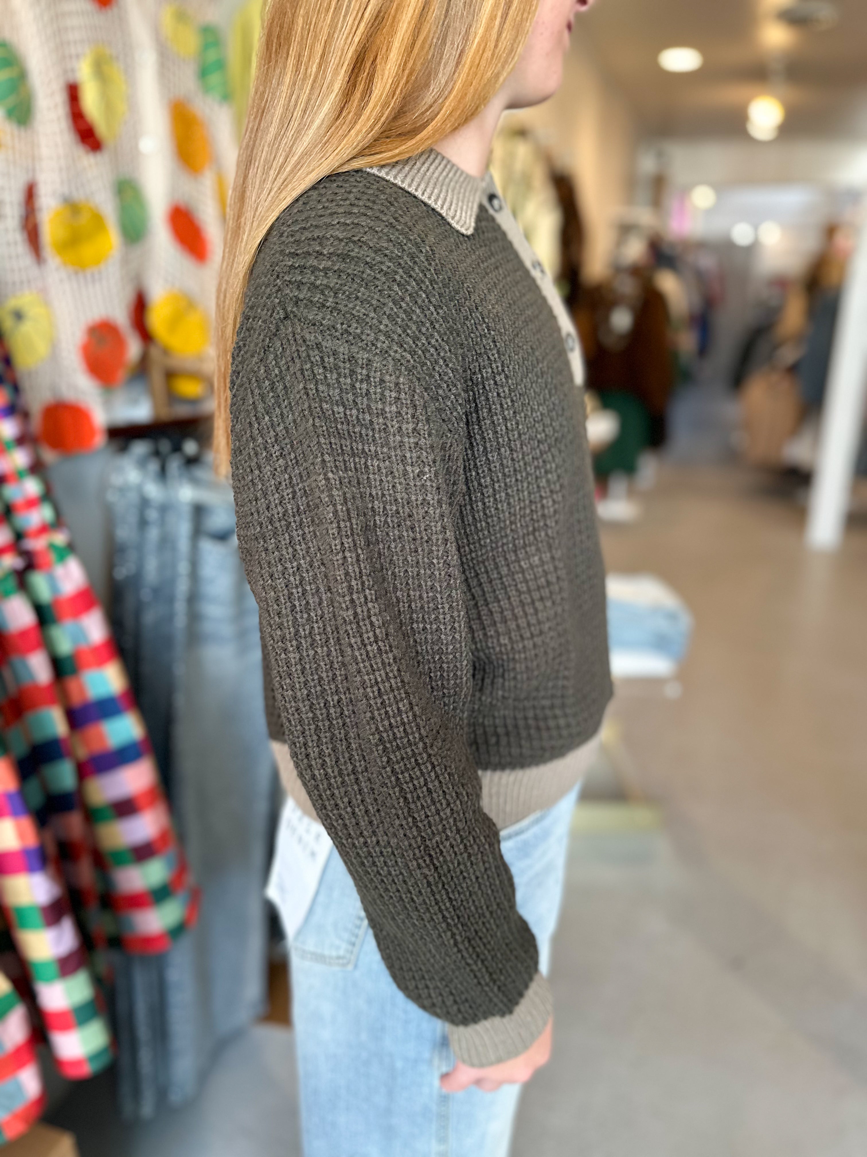 Waffled Collared Sweater Top