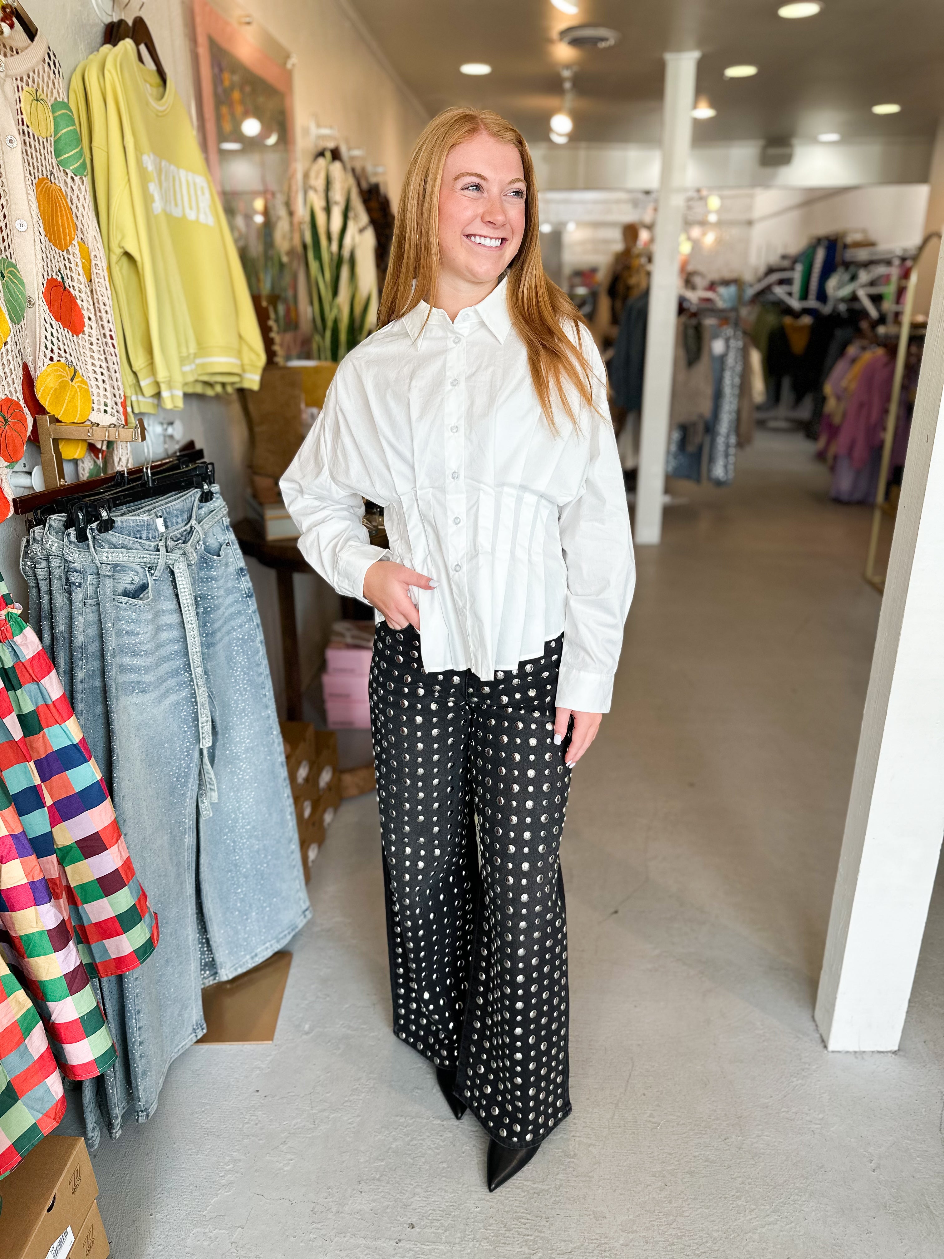 Cello High Rise Studded Wide Leg Denim