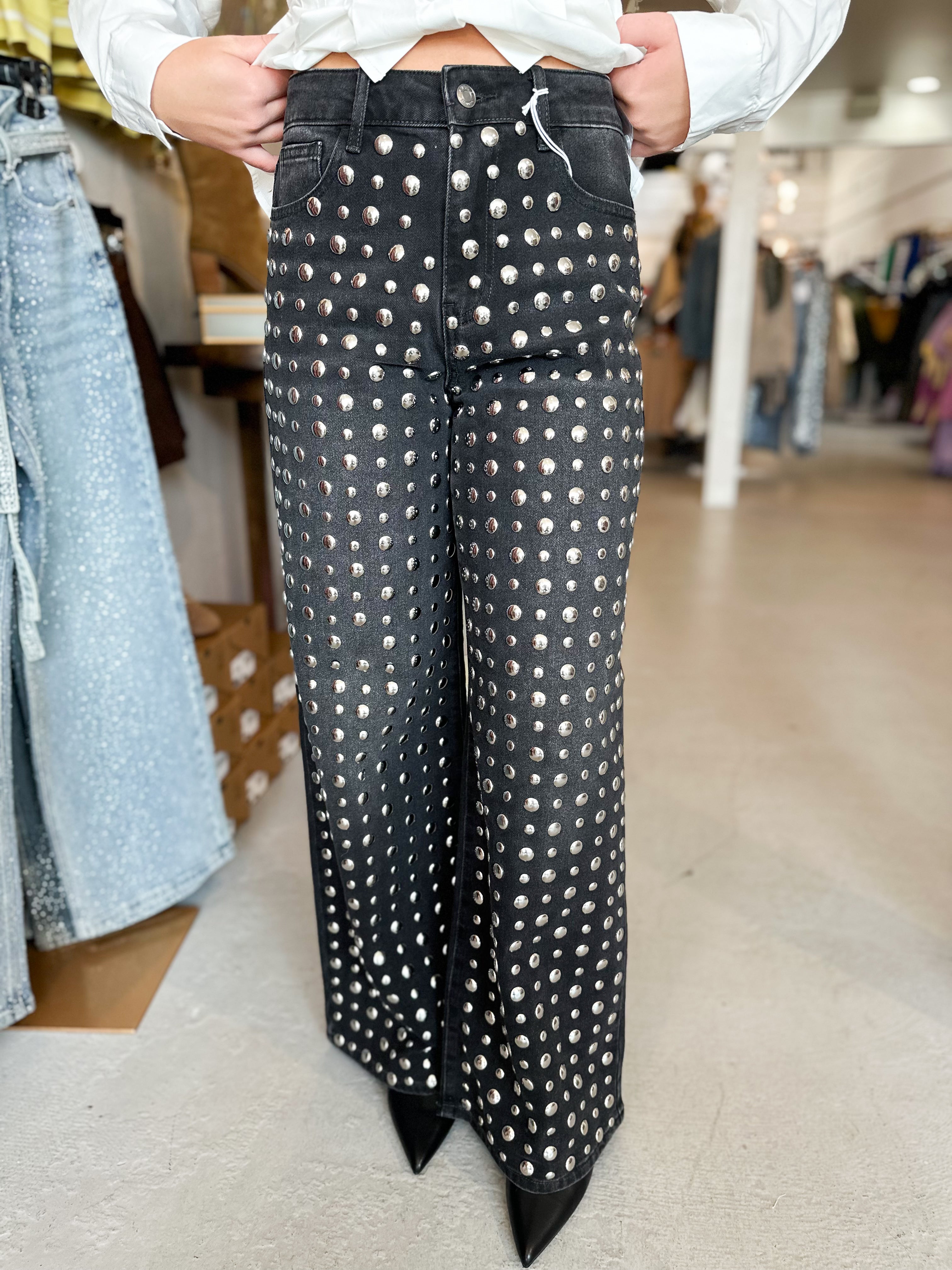 Cello High Rise Studded Wide Leg Denim