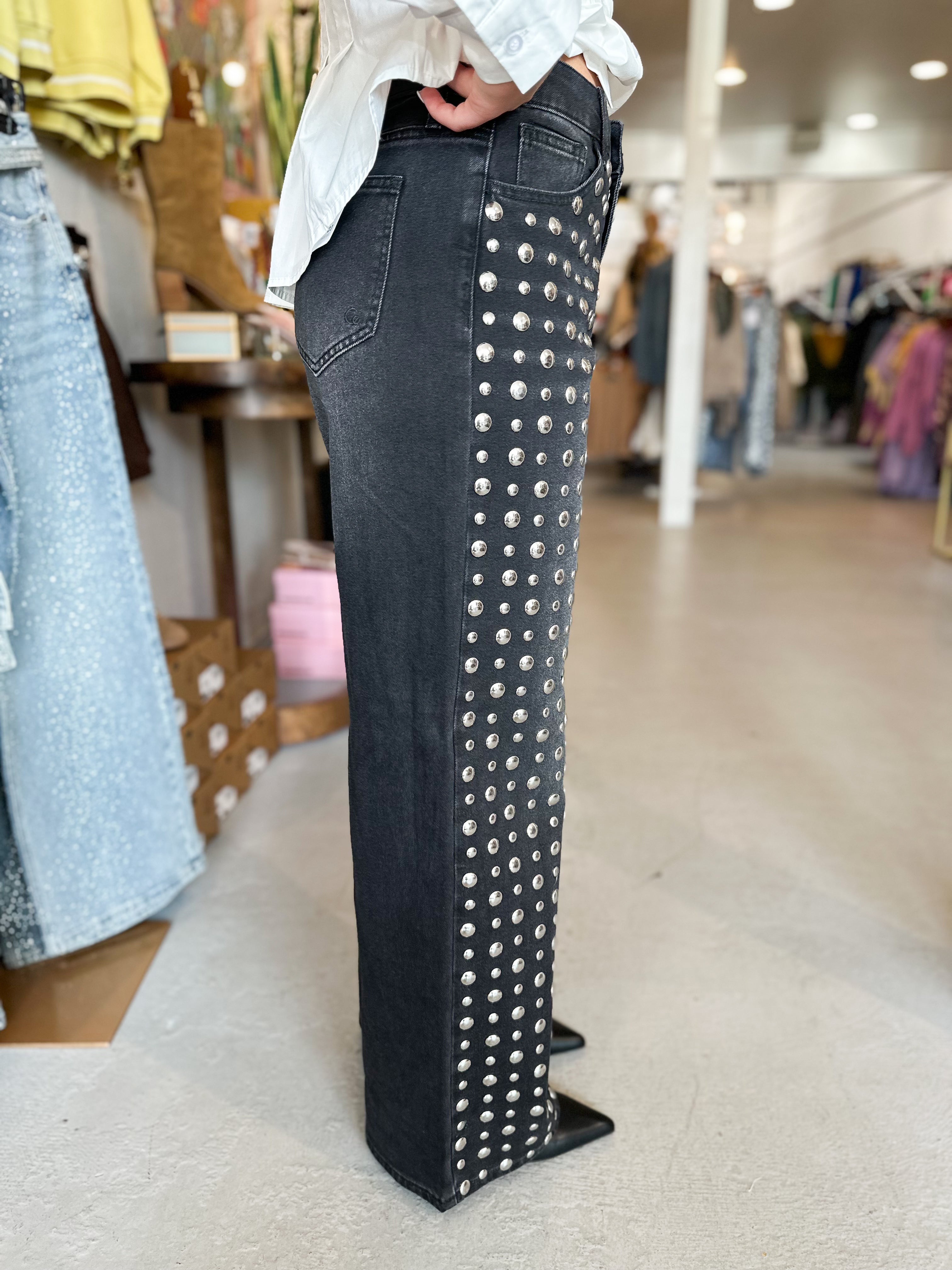 Cello High Rise Studded Wide Leg Denim
