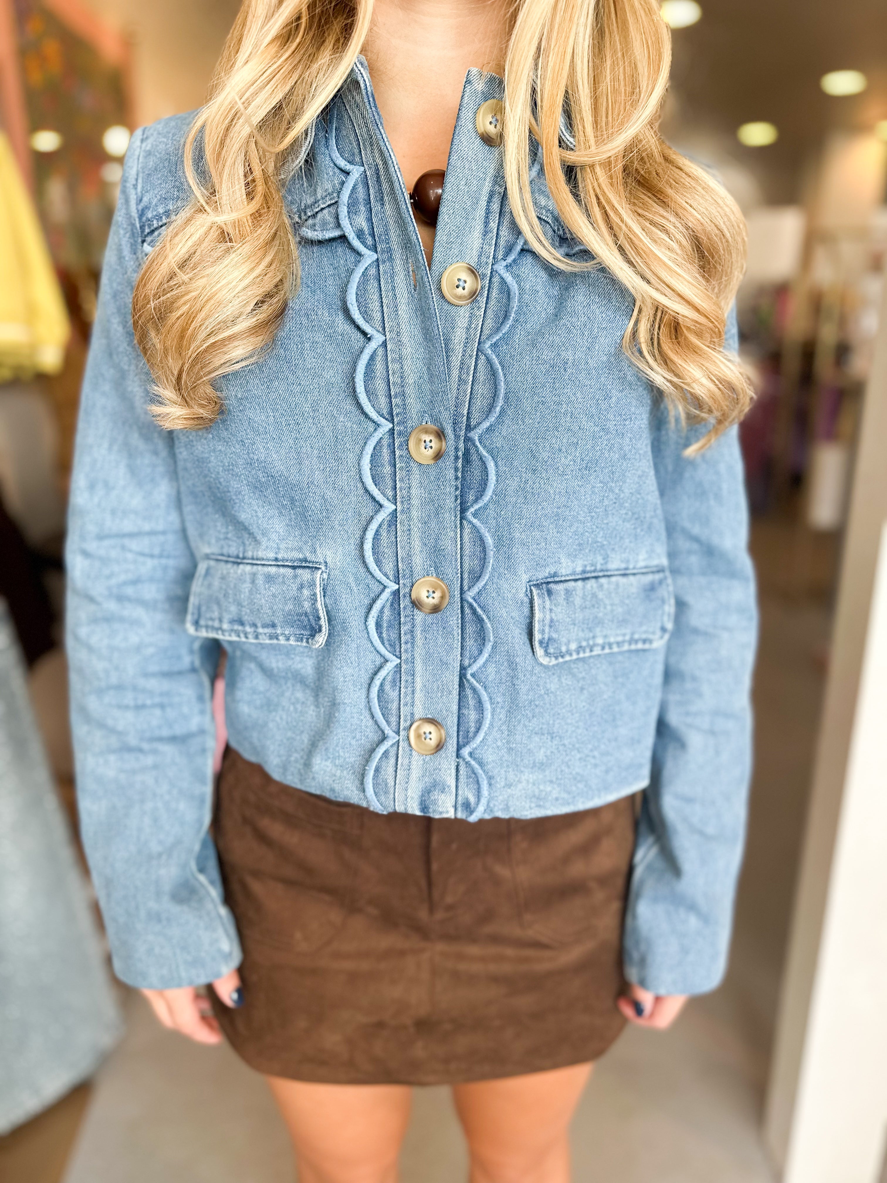 Scalloped Pleated Denim Jacket