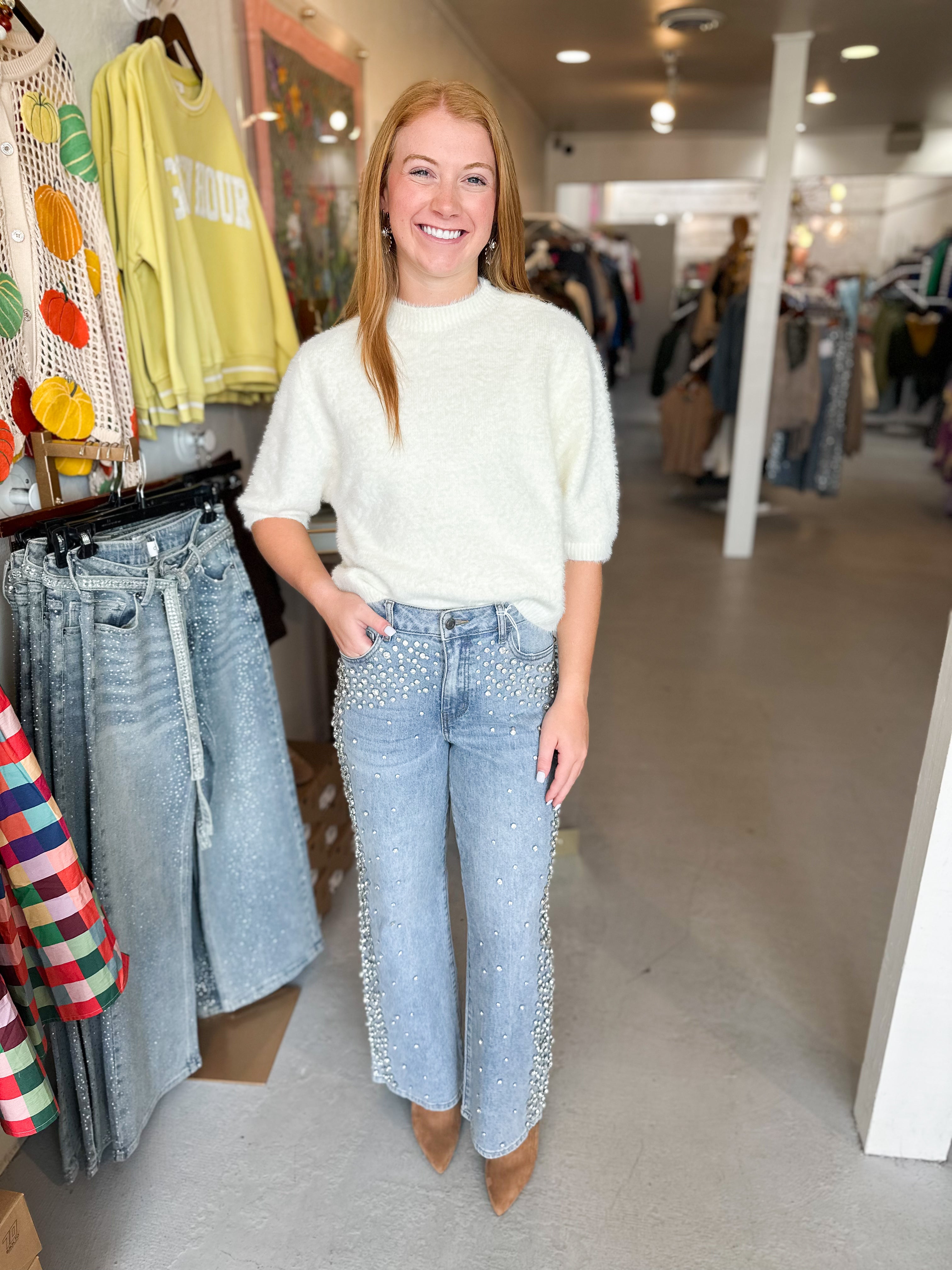 Cello High Rise Embellished Wide Leg Denim
