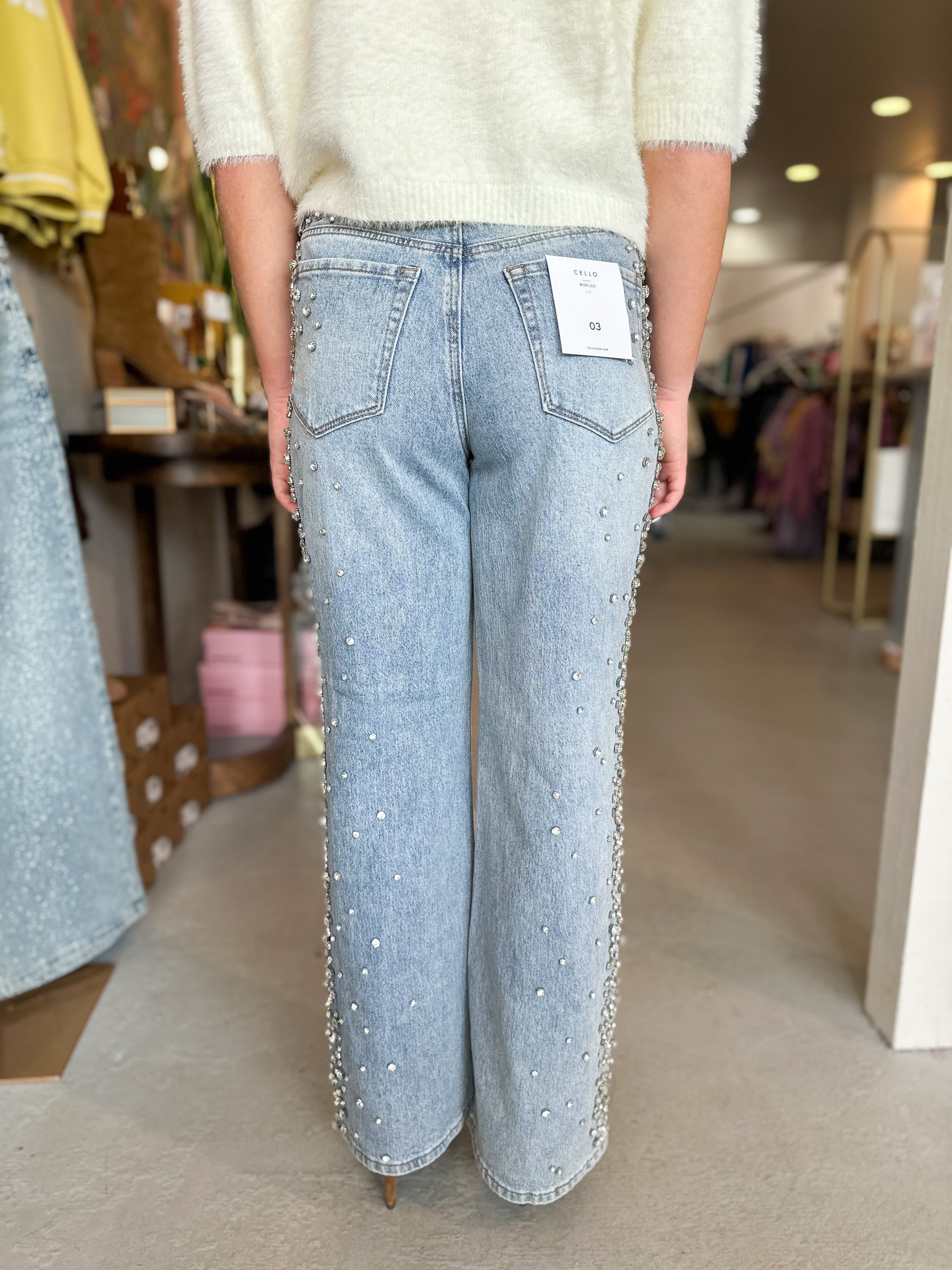 Cello High Rise Embellished Wide Leg Denim