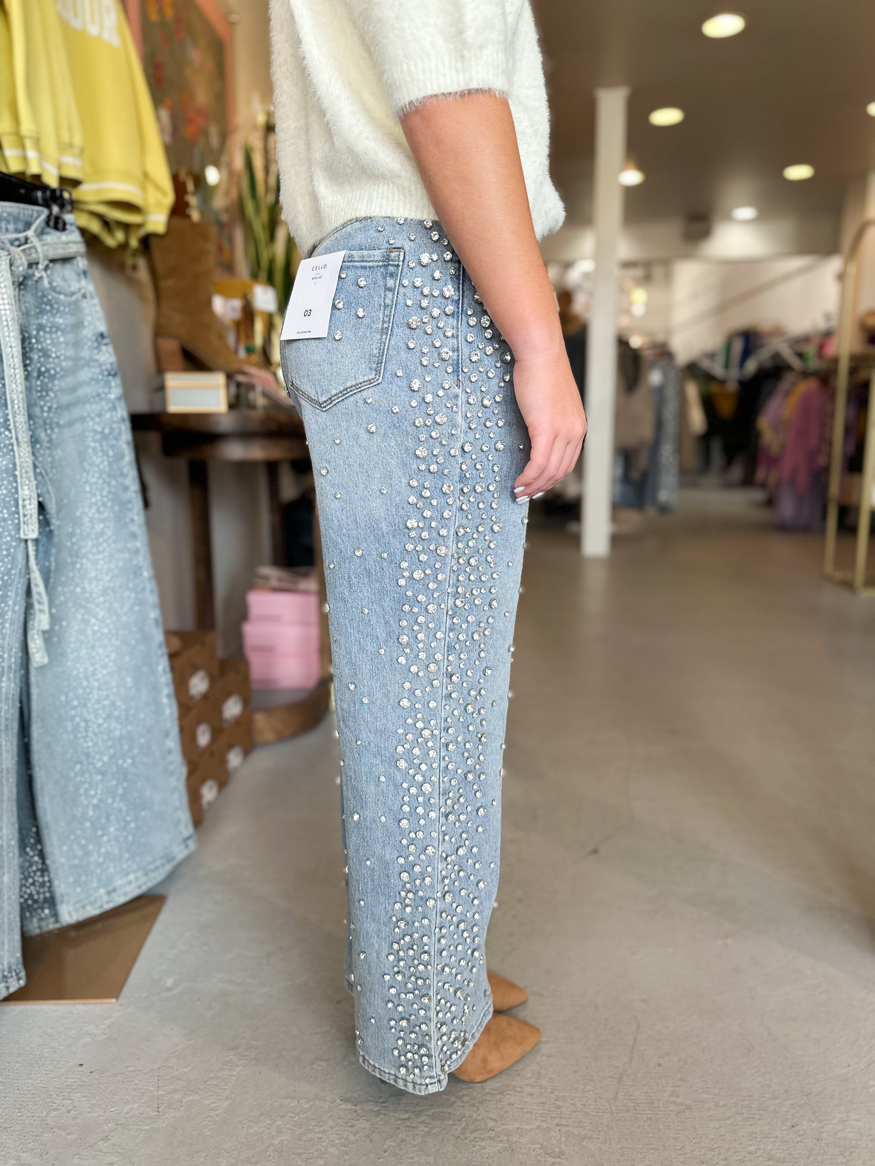 Cello High Rise Embellished Wide Leg Denim