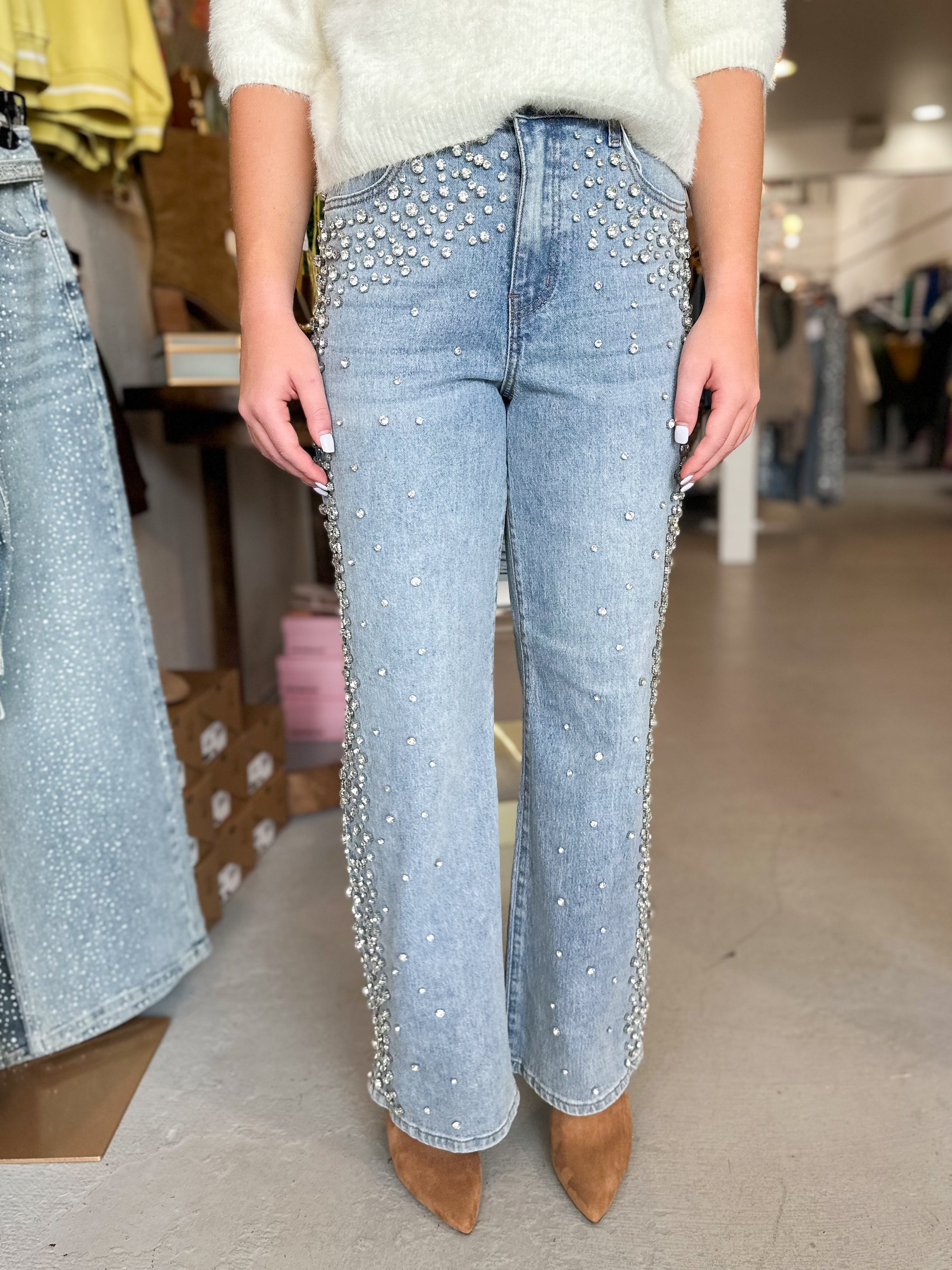 Cello High Rise Embellished Wide Leg Denim