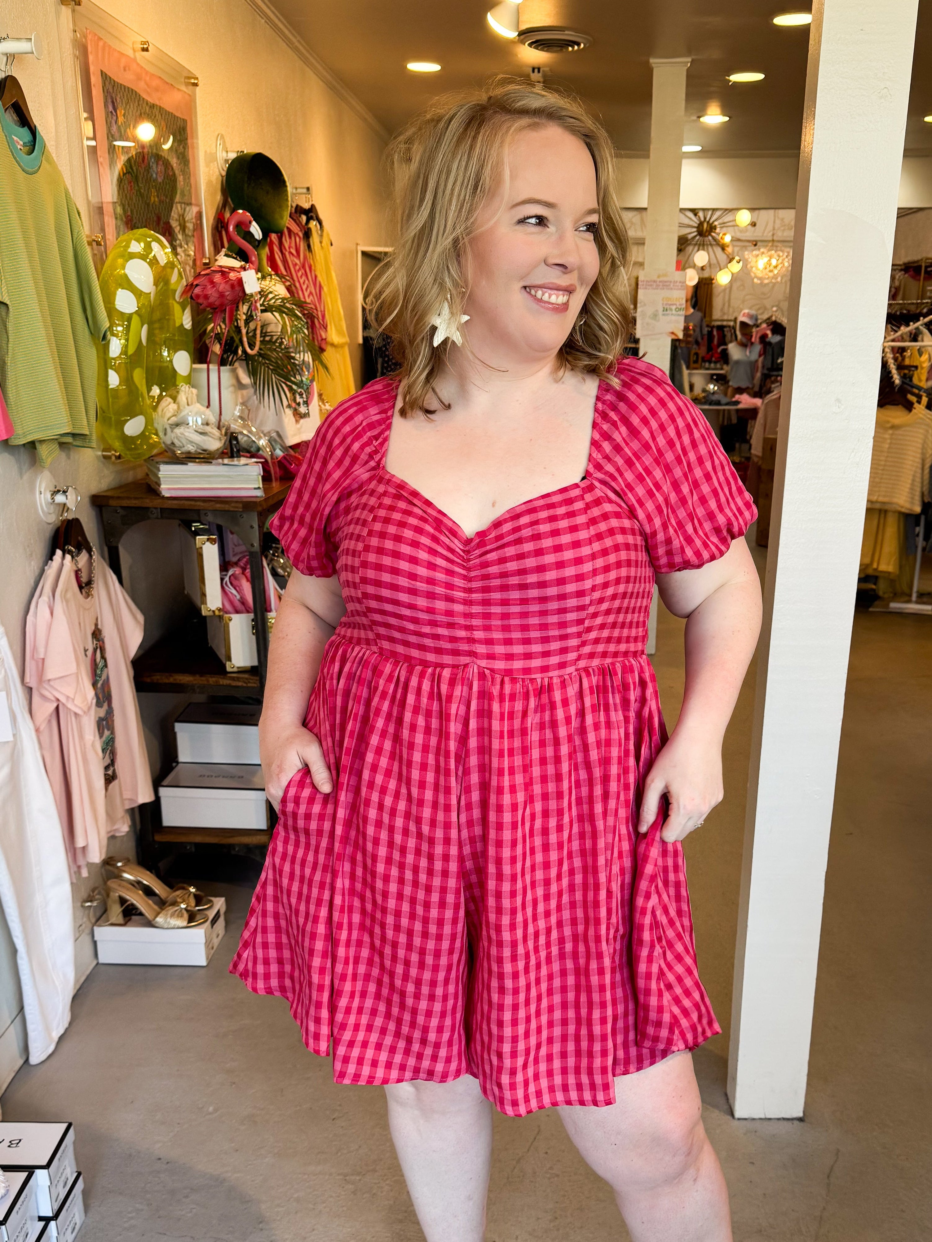 Plus Size Pink Gingham Romper by Baevely