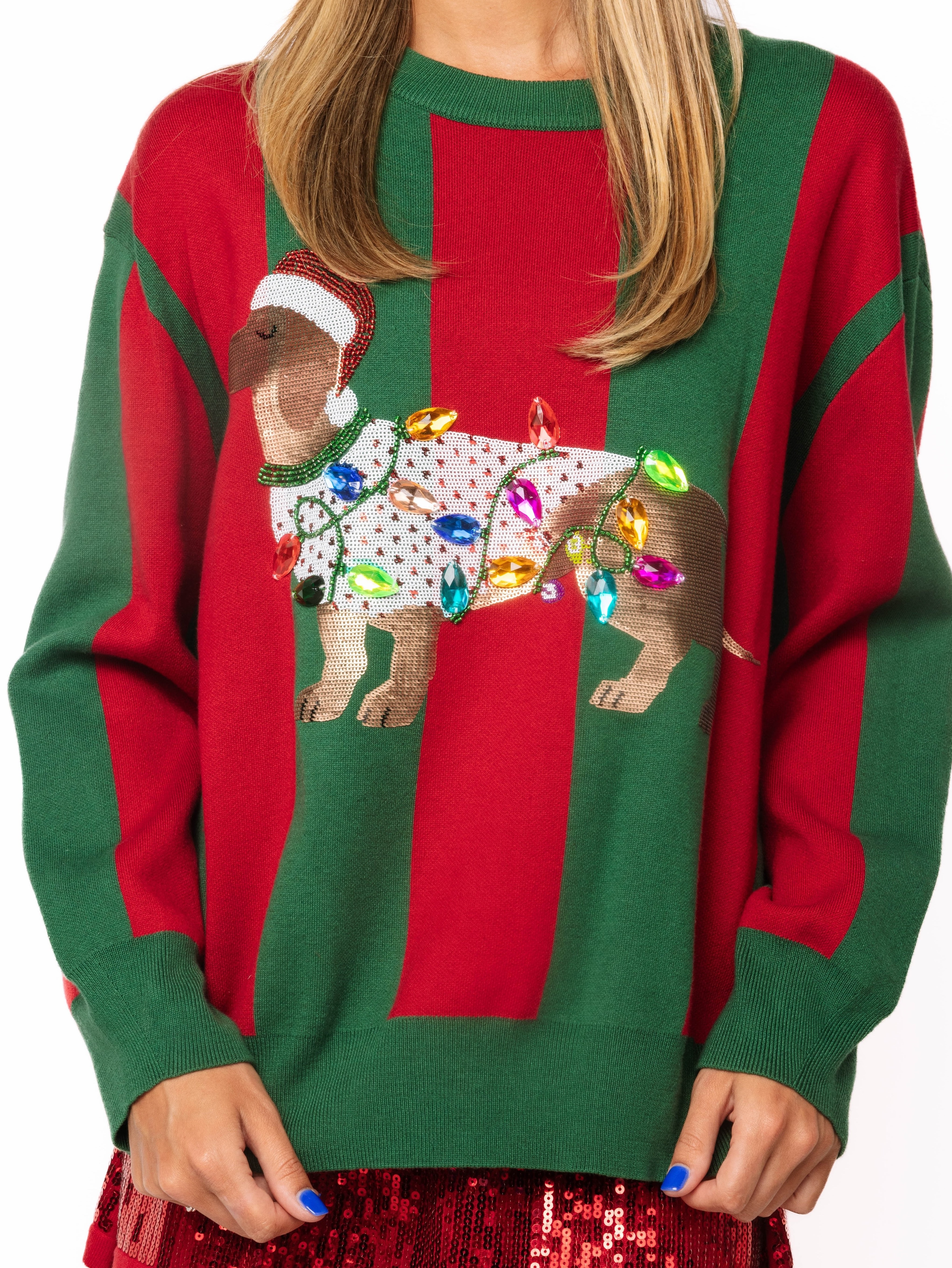 (PRE-ORDER) Queen of Sparkles Green & Red Striped Weenie Dog Sweater