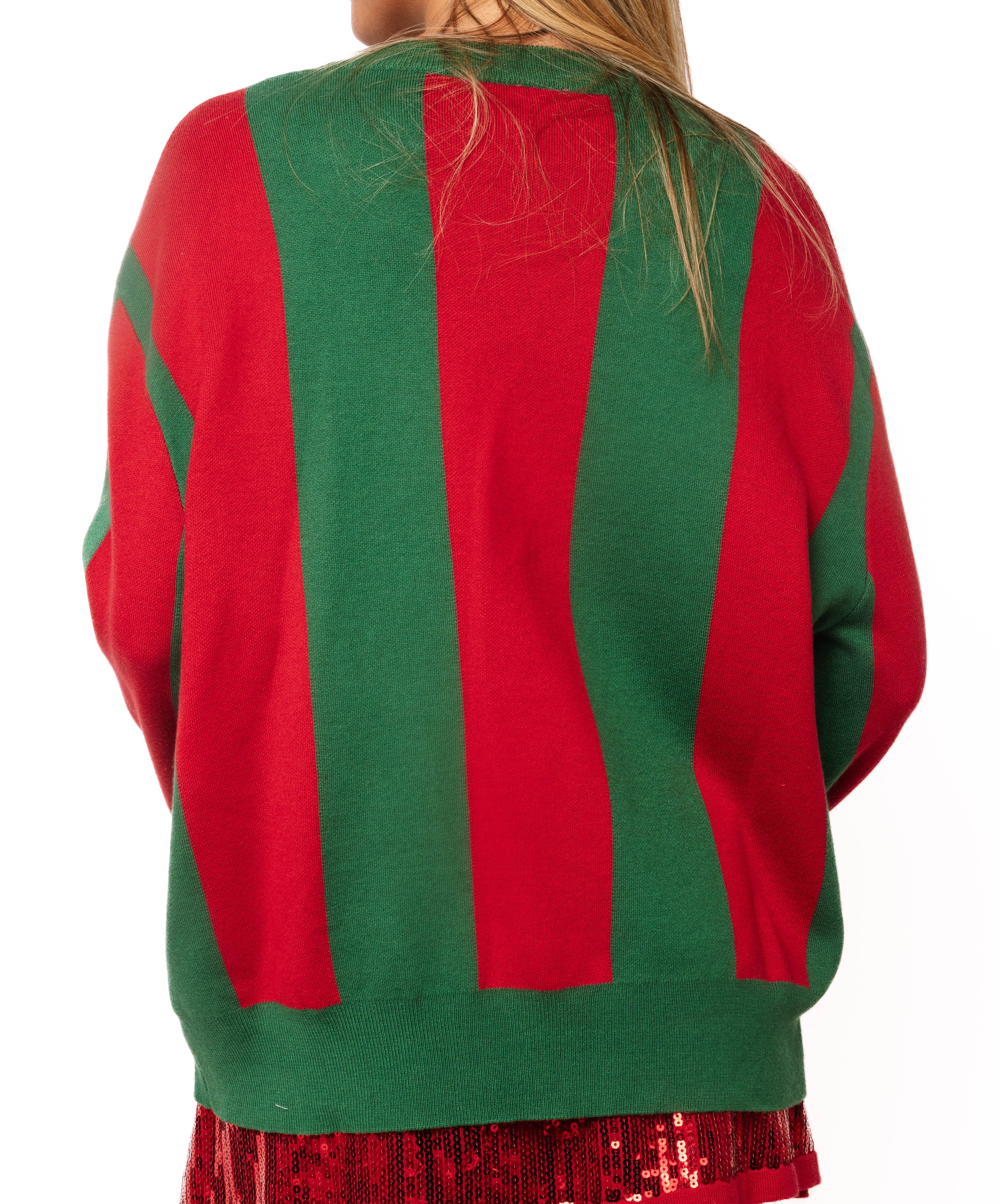 (PRE-ORDER) Queen of Sparkles Green & Red Striped Weenie Dog Sweater