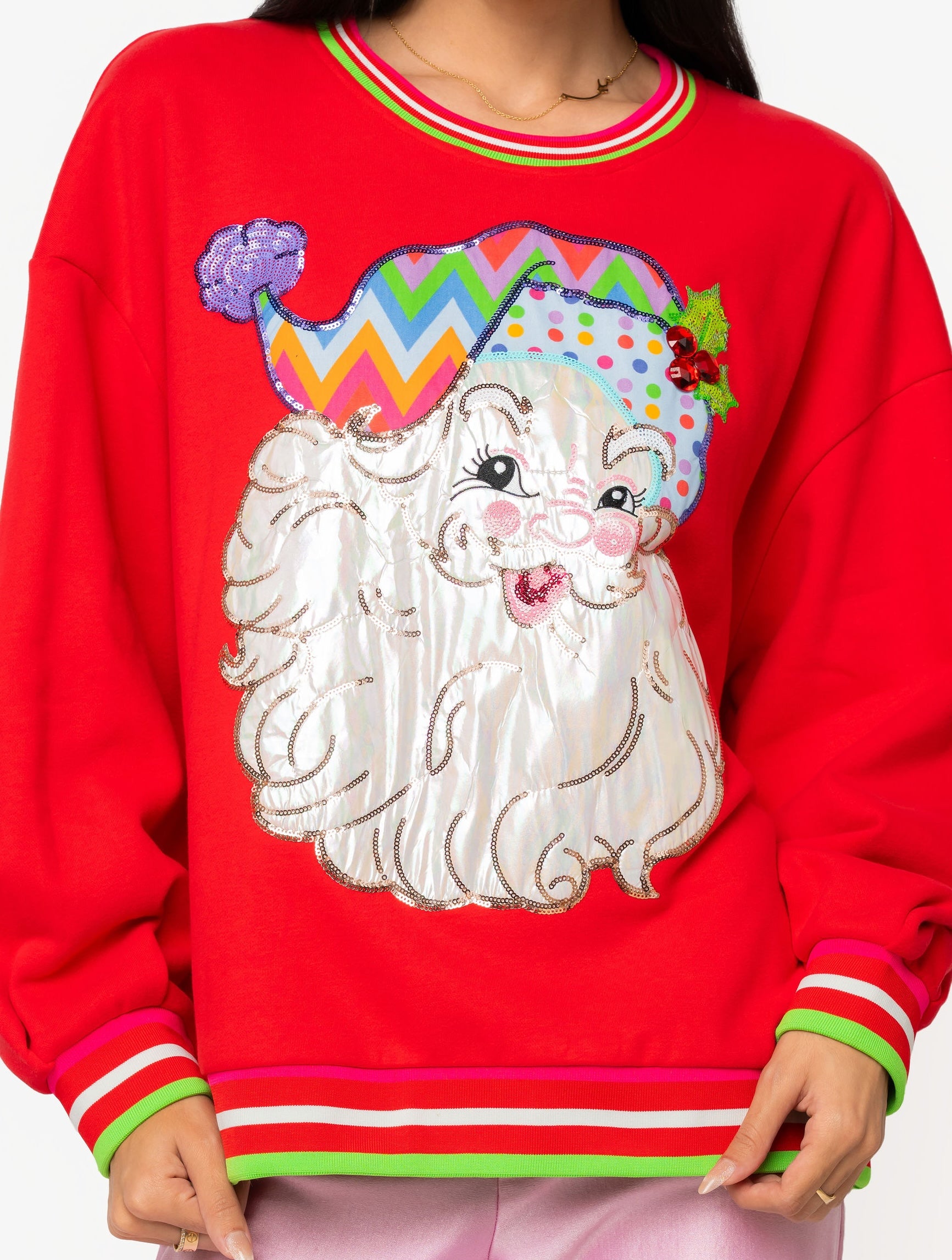 (PRE-ORDER) Queen of Sparkles Red Multi Hat Metallic Santa Sweatshirt