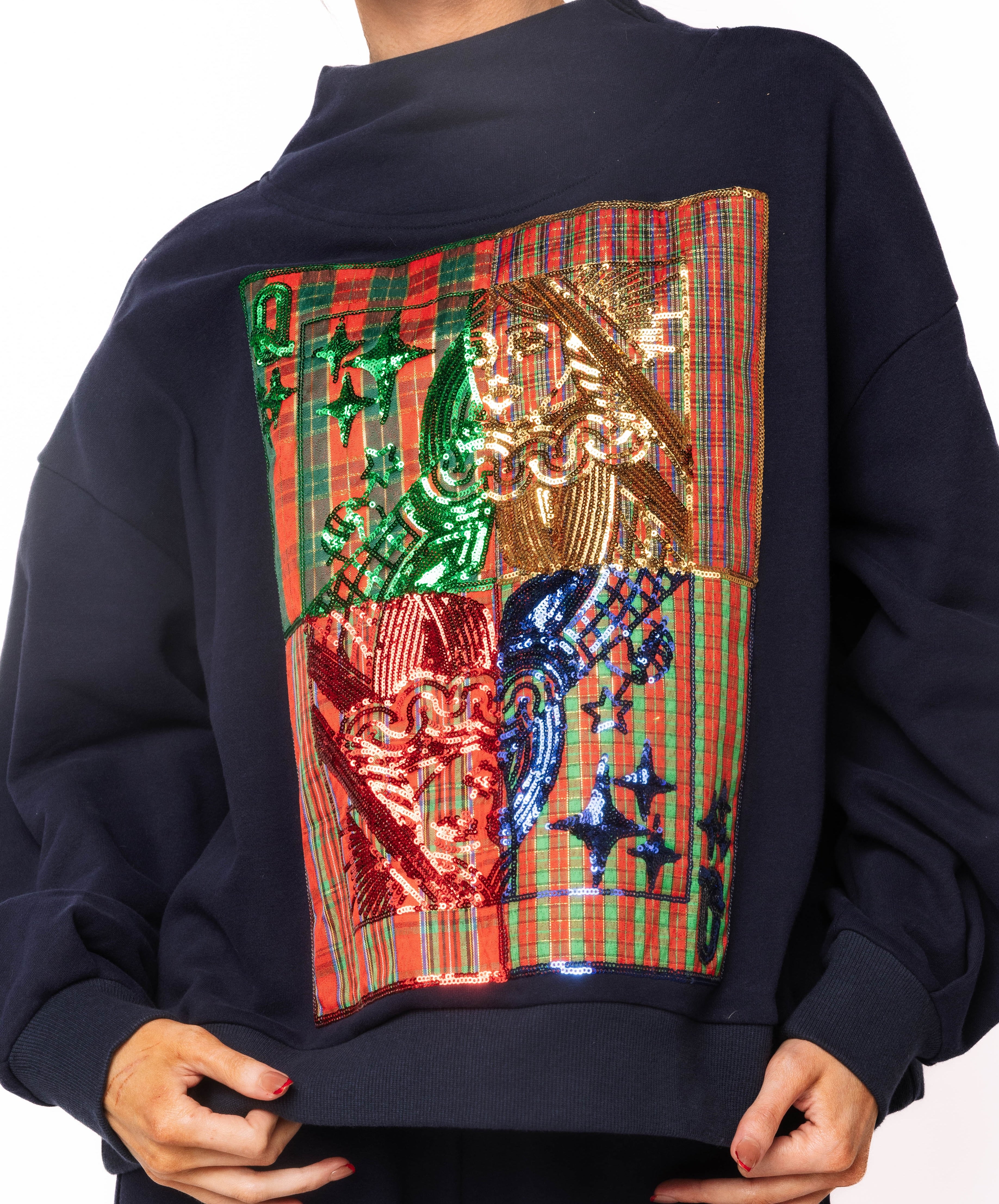 (PRE-ORDER) Queen of Sparkles Navy Christmas Plaid Card Logo Mockneck Sweatshirt
