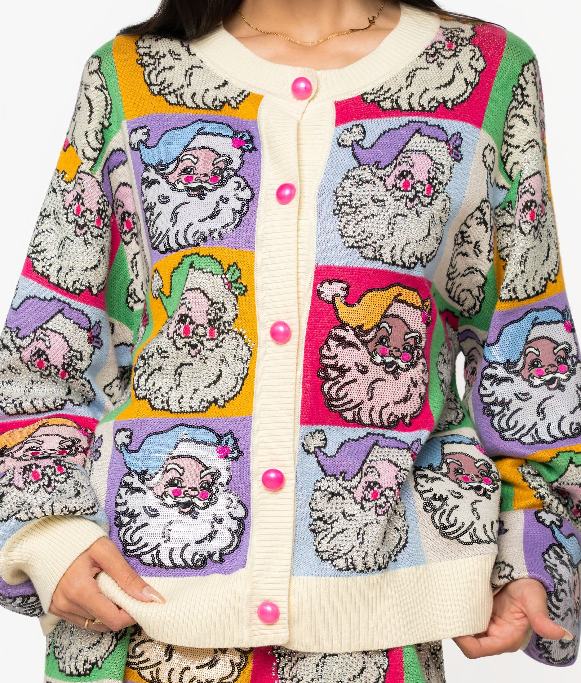 (PRE-ORDER) Queen of Sparkles Pastel Colorblock Santa Button Up Cardigan