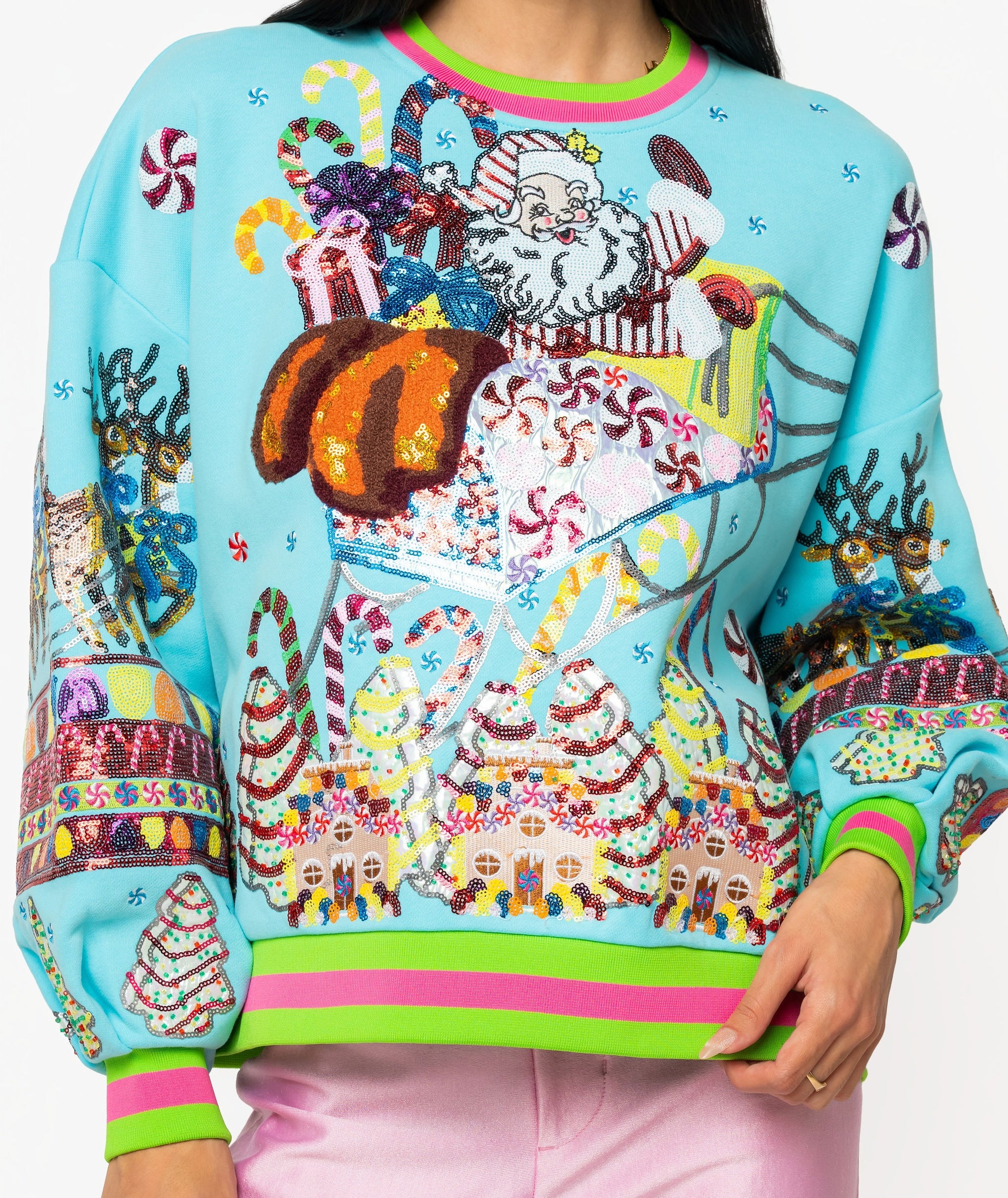 (PRE-ORDER) Queen of Sparkles Aqua Vintage Santa Gingerbread House Sweatshirt