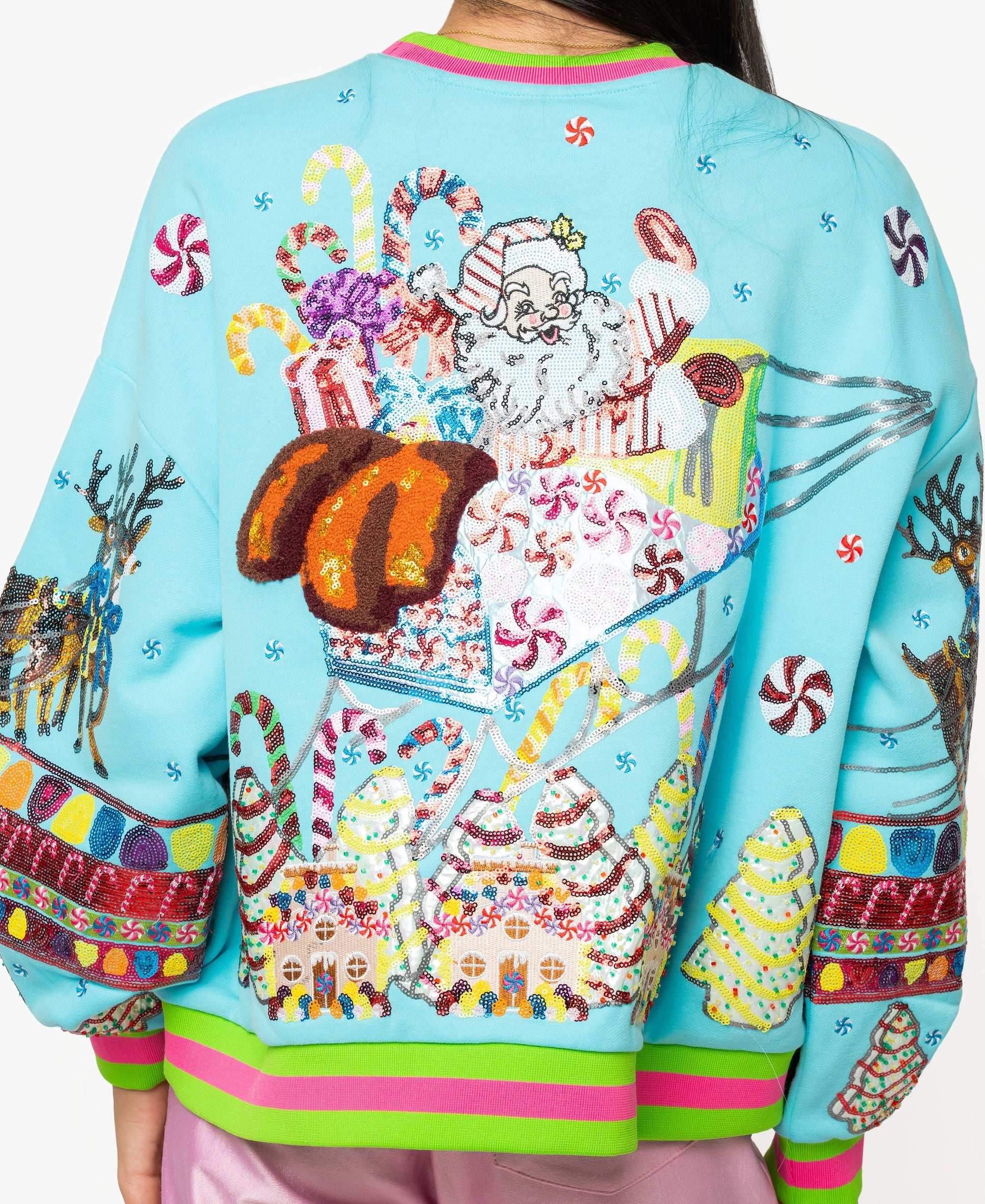 (PRE-ORDER) Queen of Sparkles Aqua Vintage Santa Gingerbread House Sweatshirt