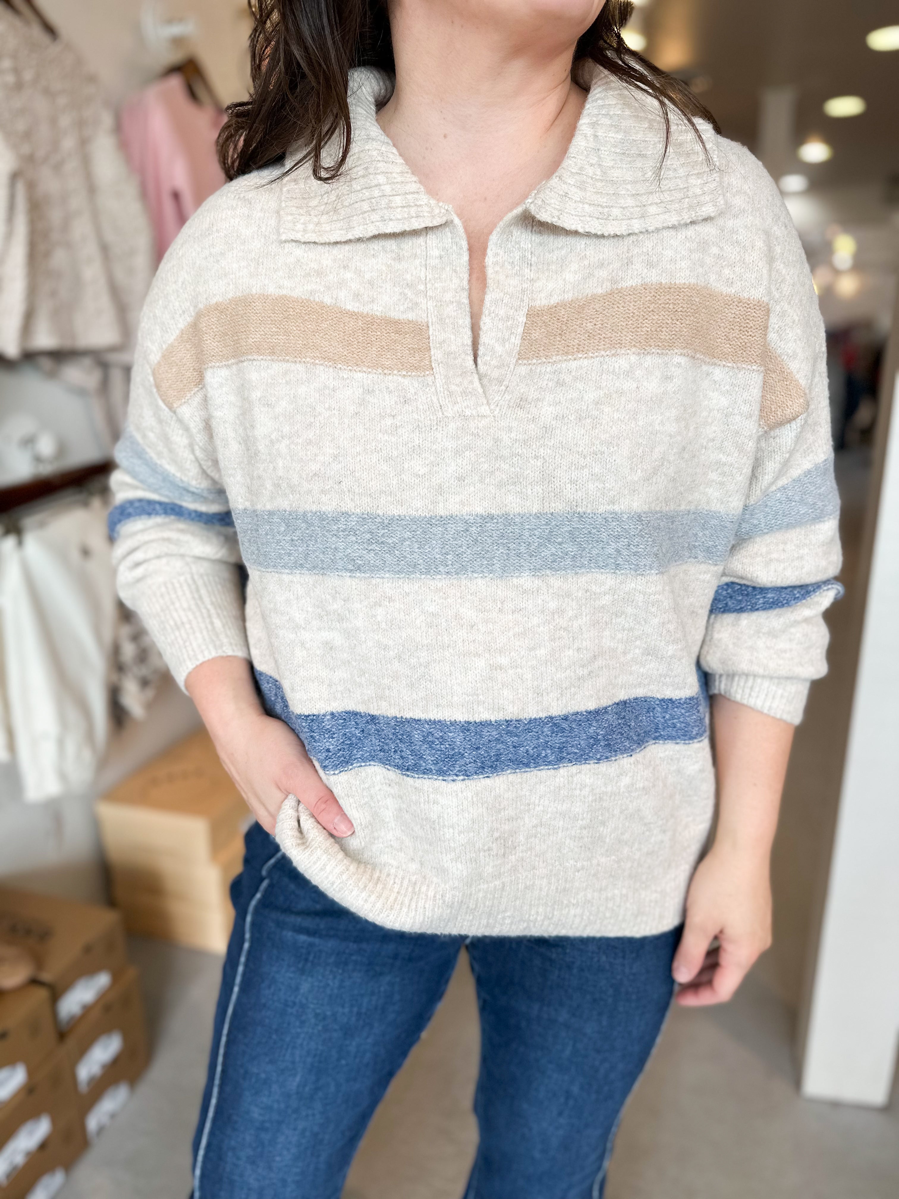 Plus Size Striped Collared Sweater