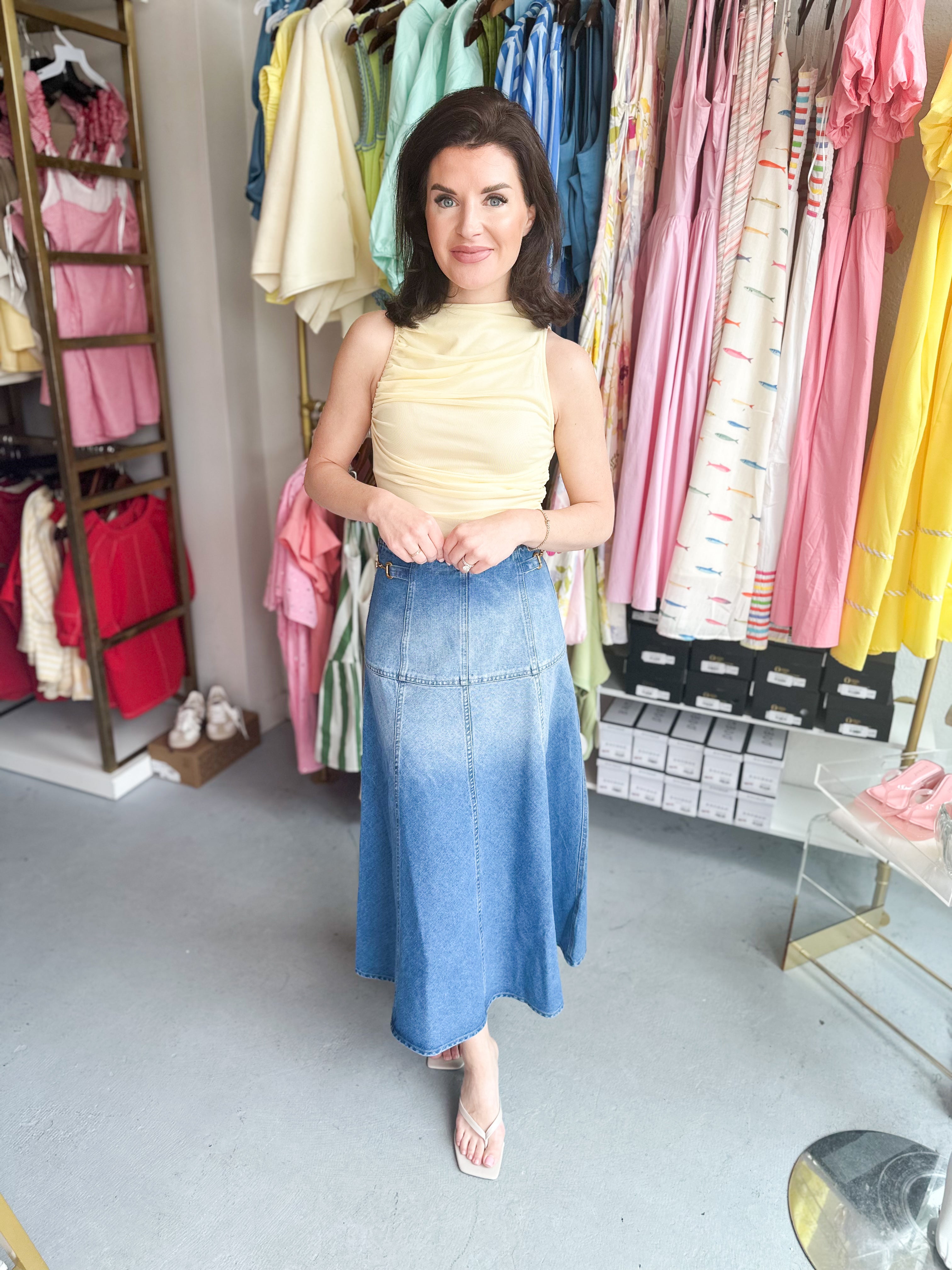 Horsebit Denim Midi Skirt