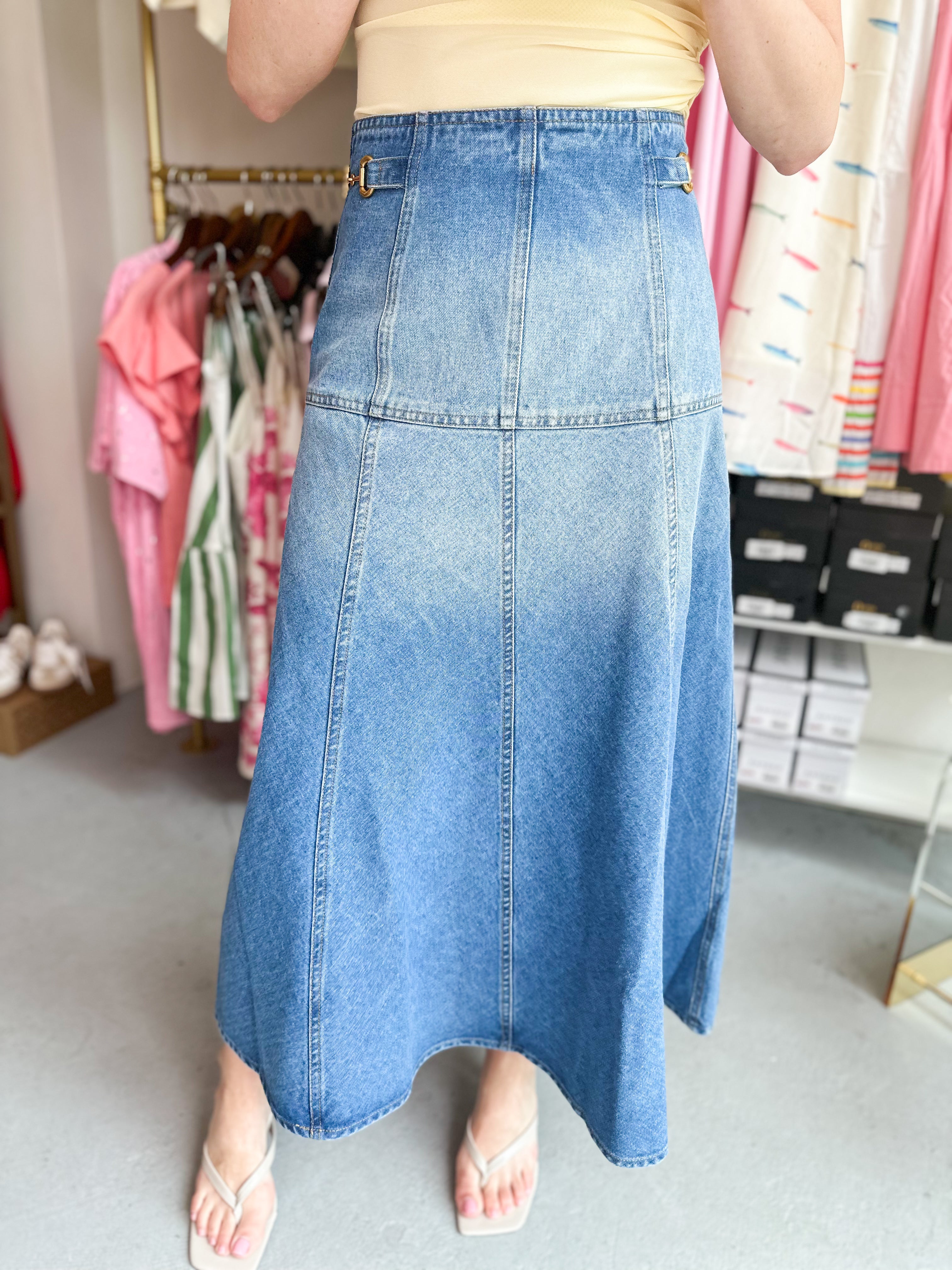 Horsebit Denim Midi Skirt