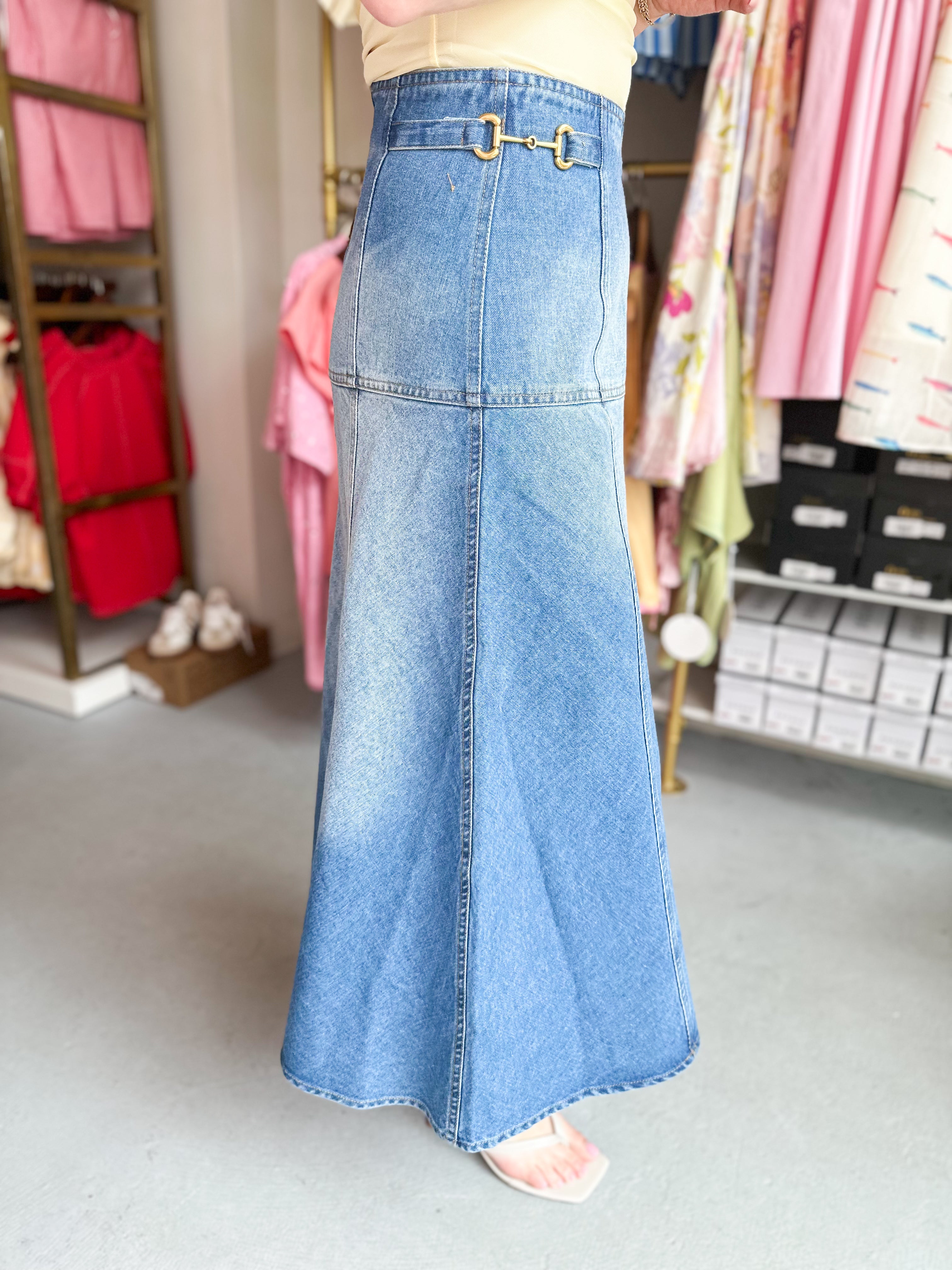 Horsebit Denim Midi Skirt