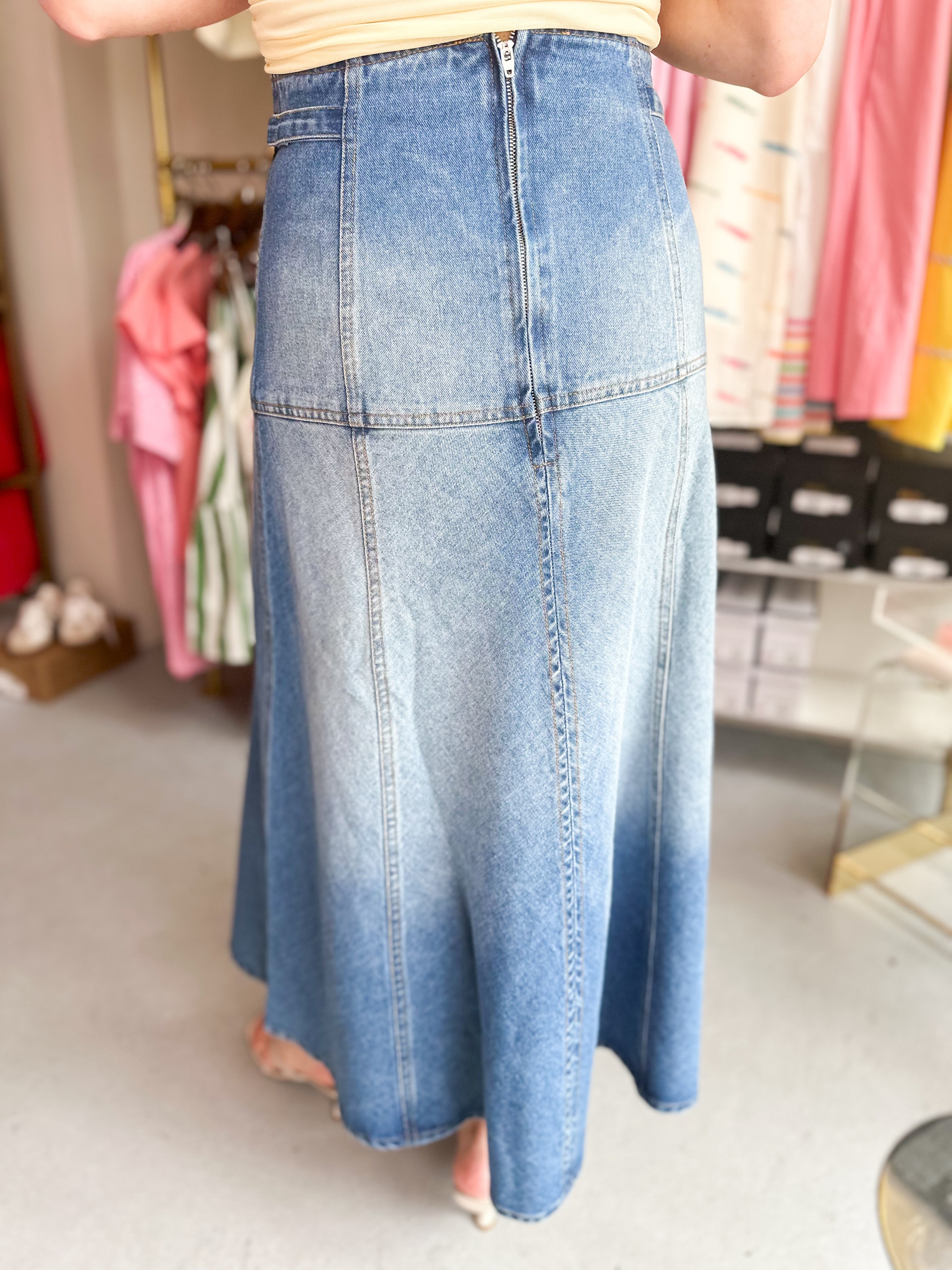 Horsebit Denim Midi Skirt