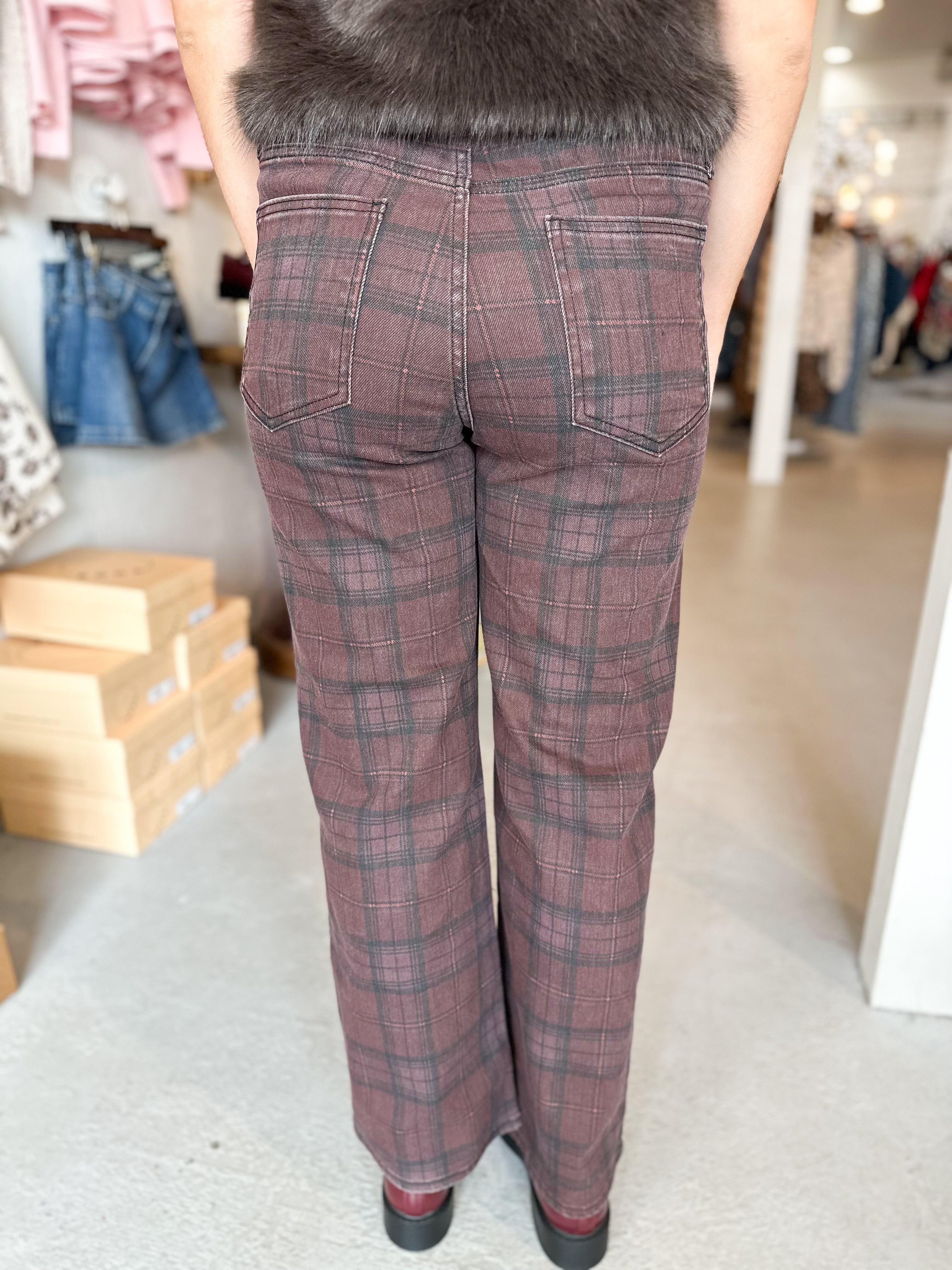 Just Black Denim Straight Plaid Burgundy Denim