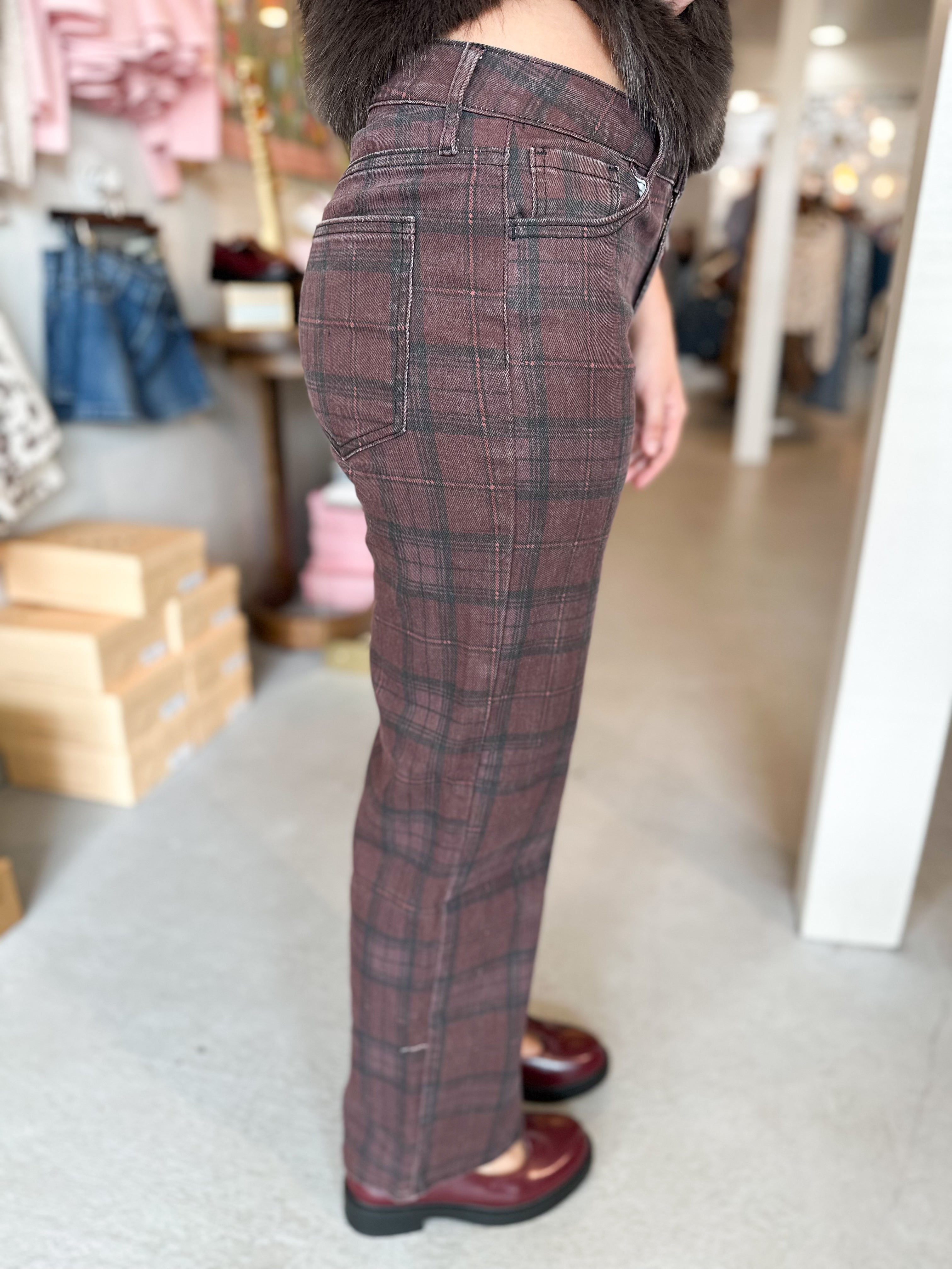 Just Black Denim Straight Plaid Burgundy Denim