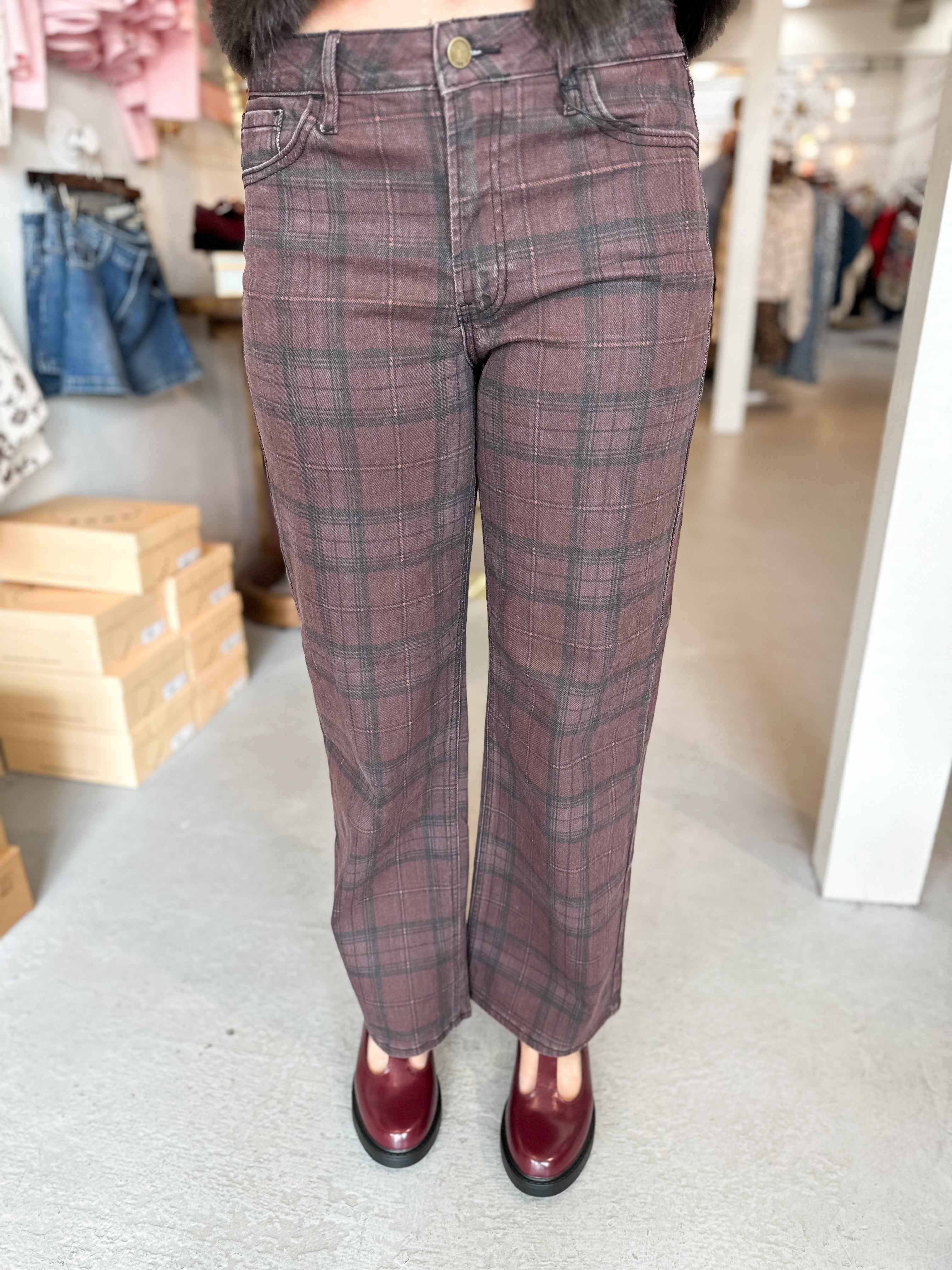 Just Black Denim Straight Plaid Burgundy Denim