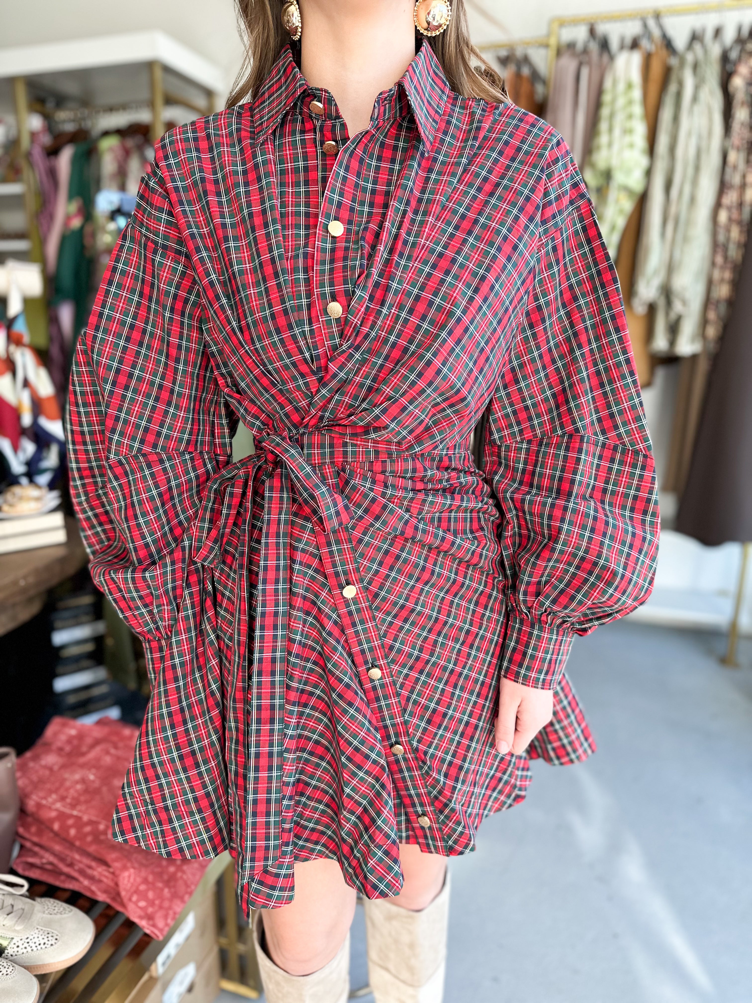 Asymmetrical Plaid Wrap Dress