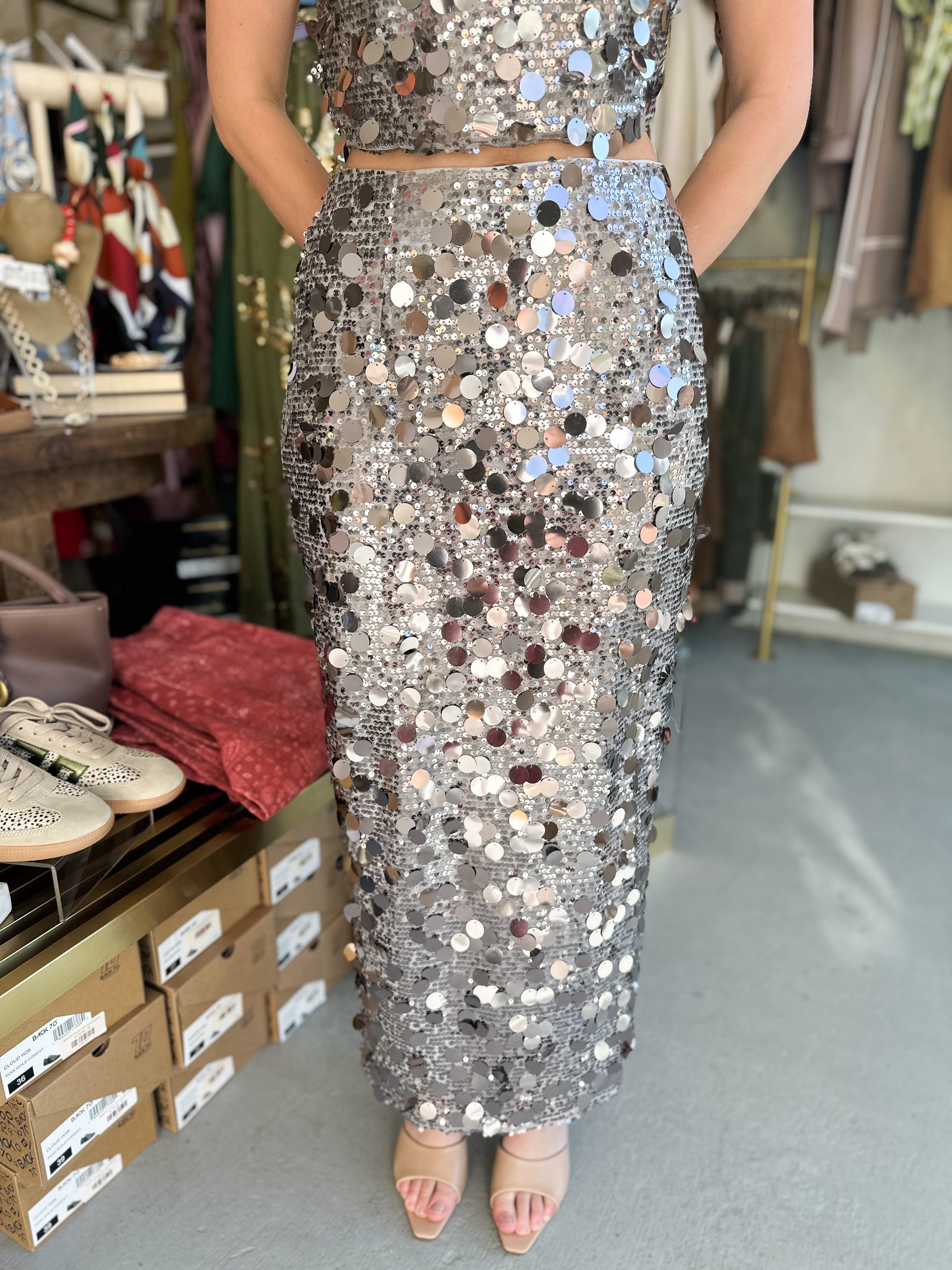Silver Sequin Midi Skirt