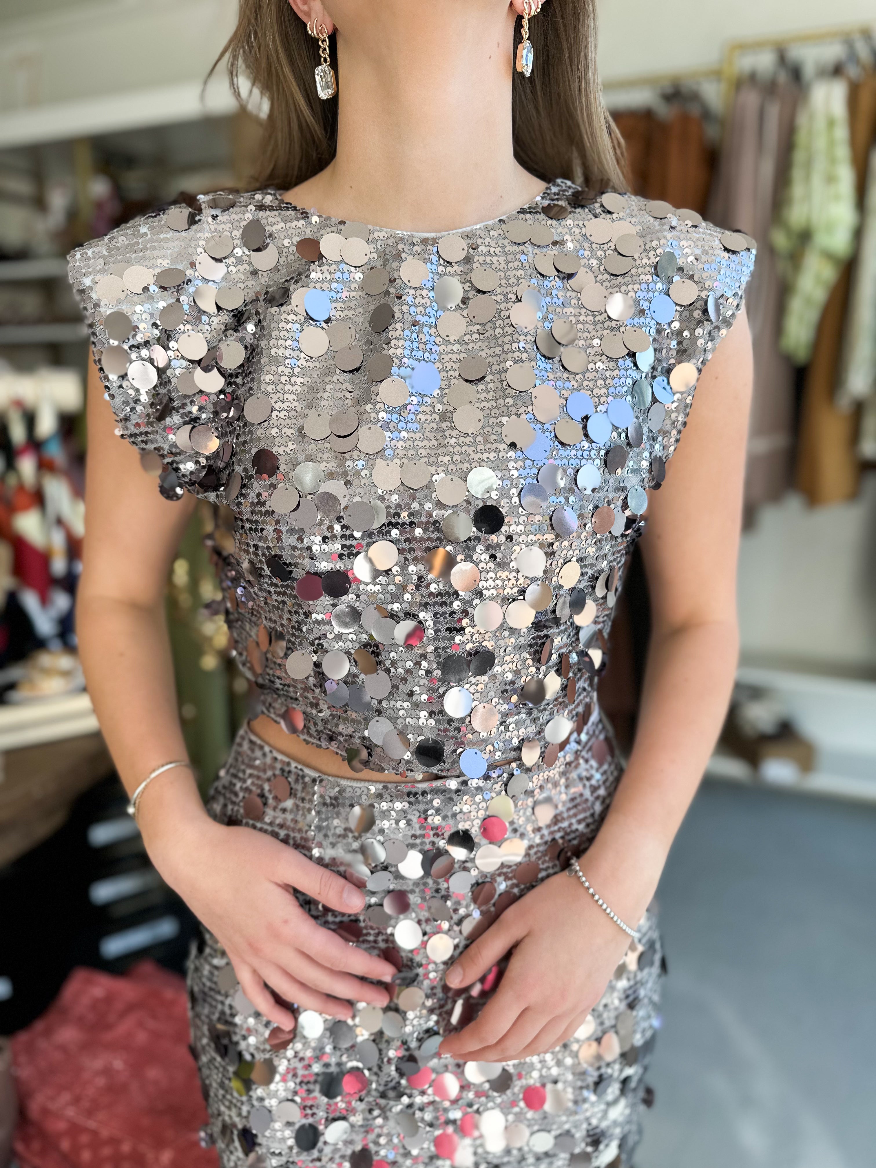 Silver Cropped Sequin Top