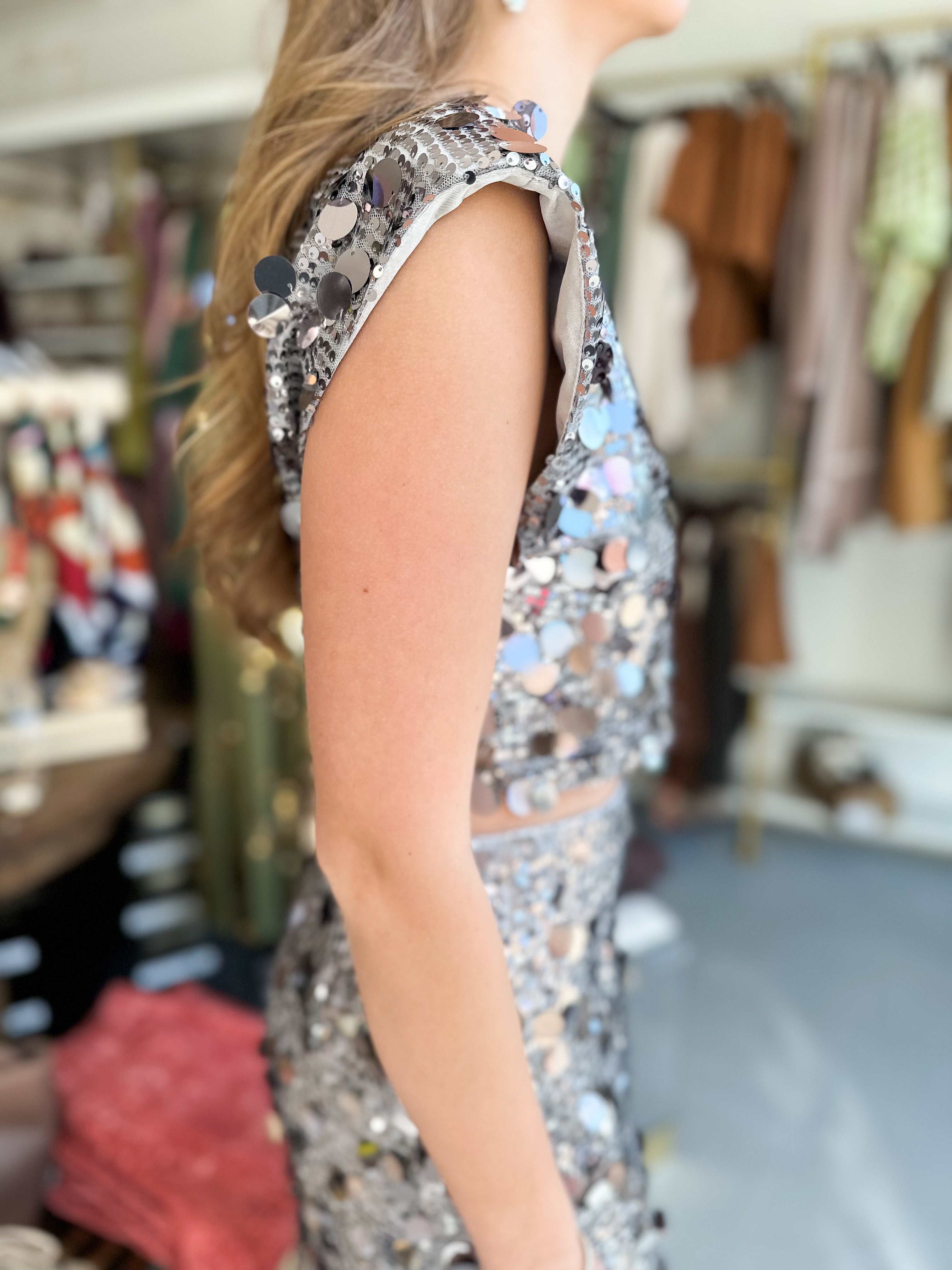 Silver Cropped Sequin Top