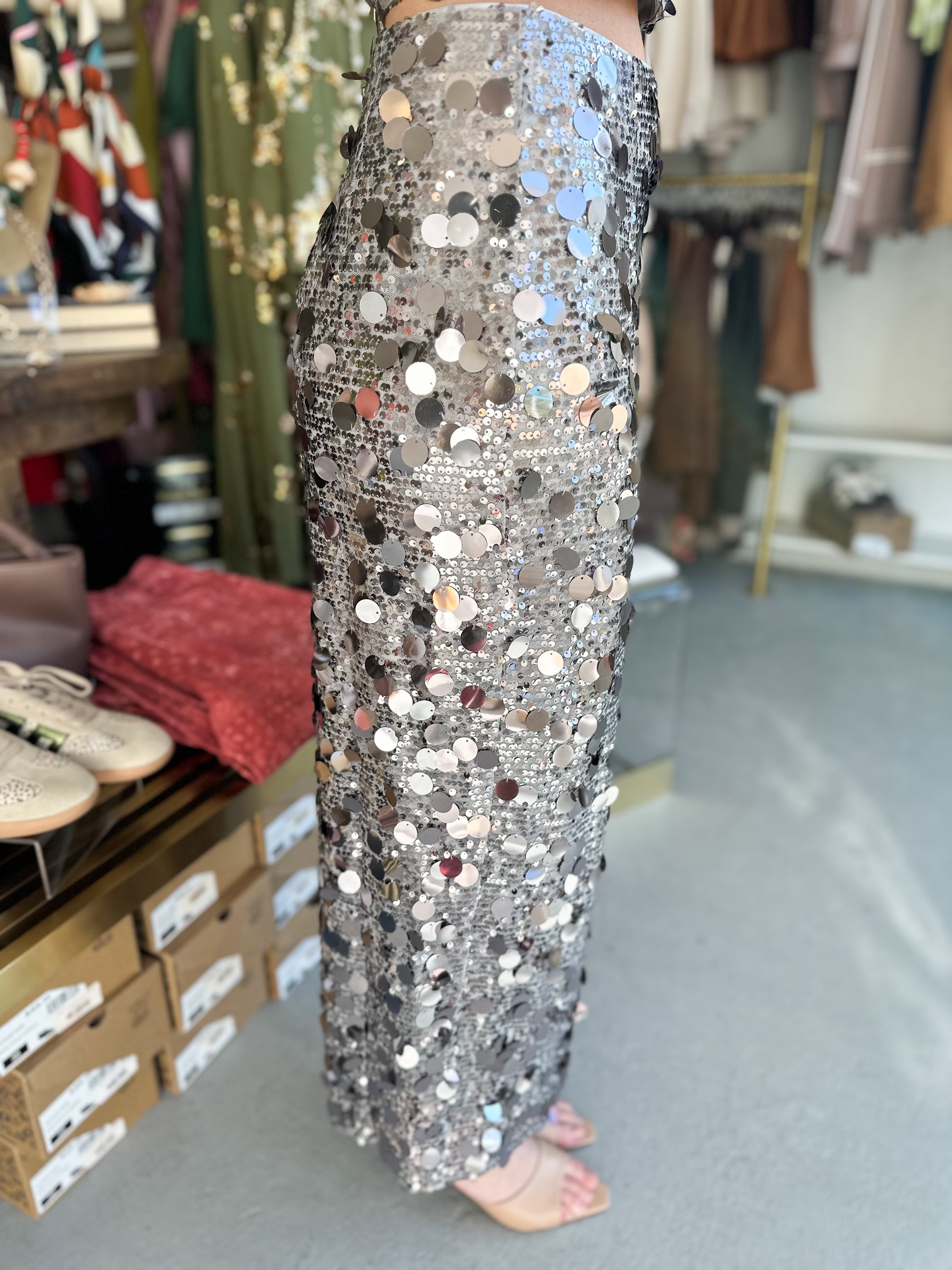 Silver Sequin Midi Skirt
