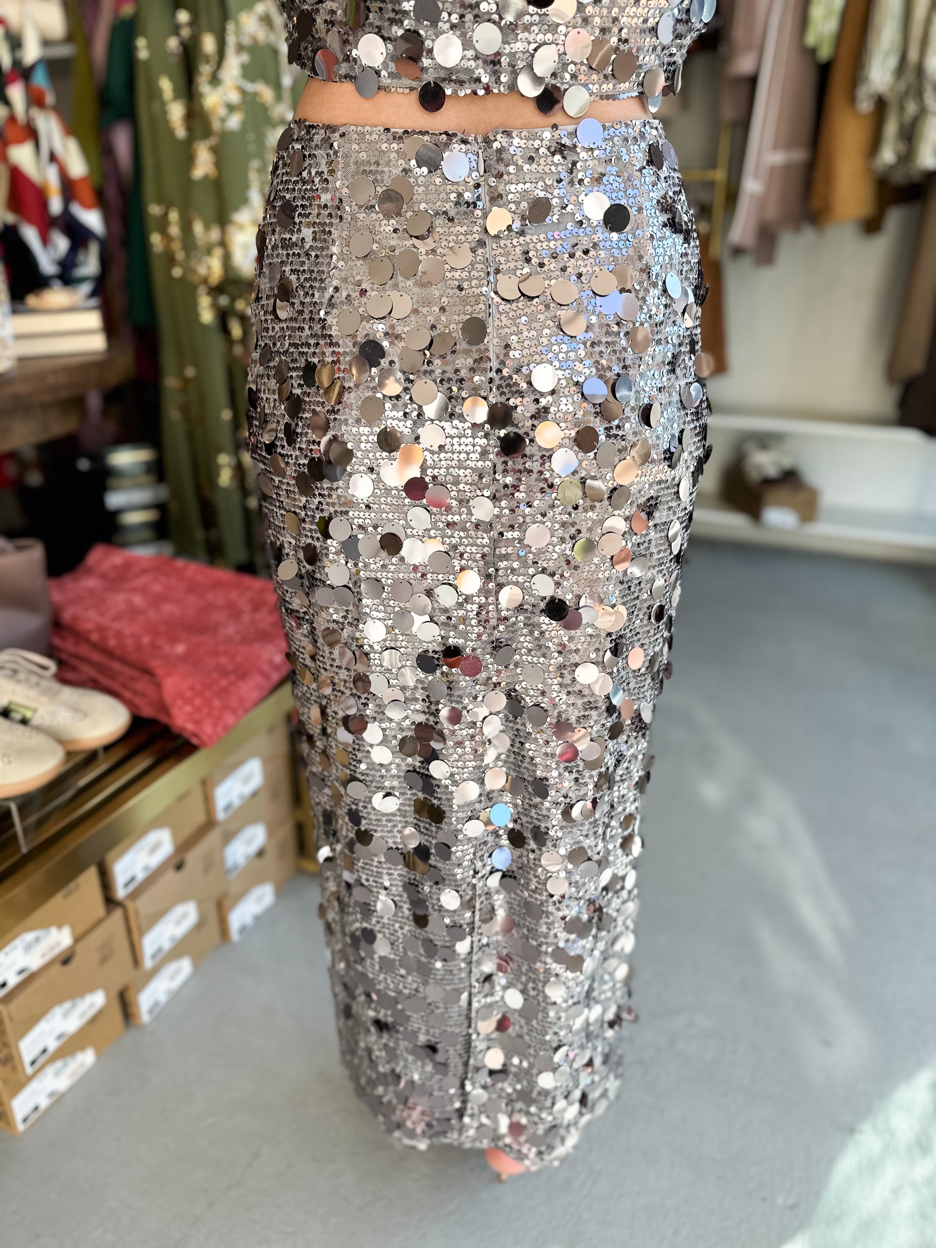 Silver Sequin Midi Skirt